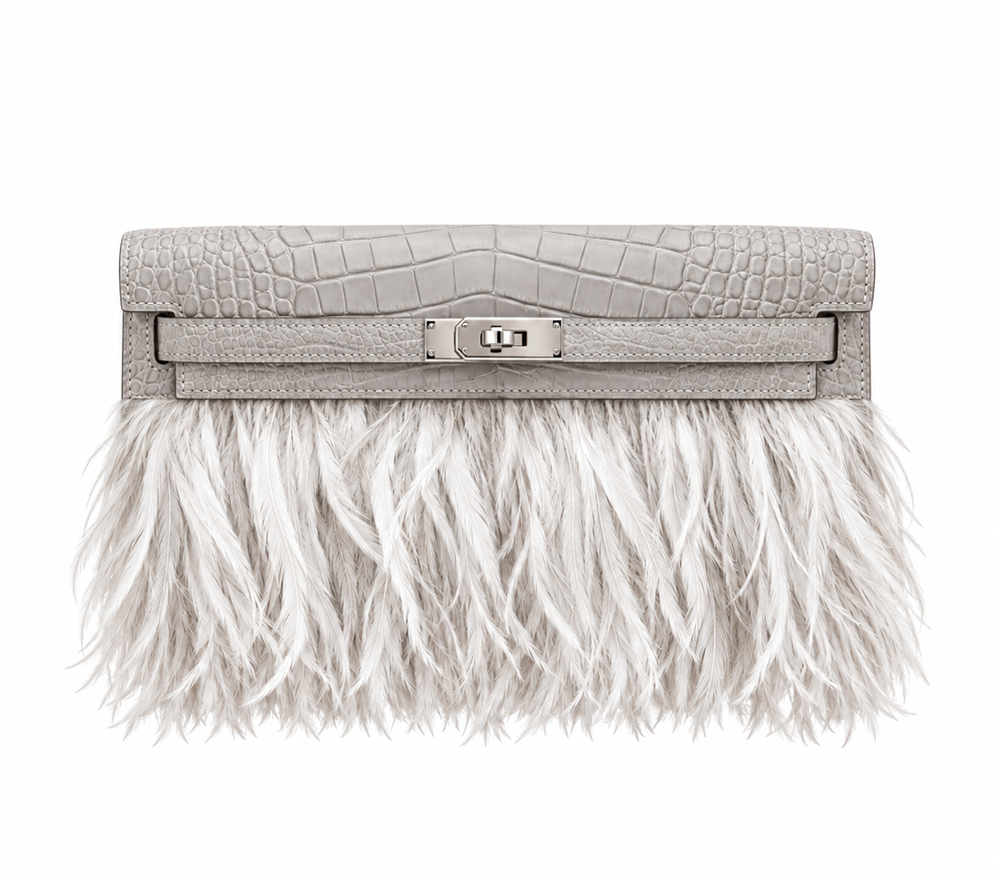 HERMÈS KELLY ELAN FOLIE CROCODILE MATTE GRIS PERLE & PLUMES D'AUTRUCHE FINITION PALLADIÉ
