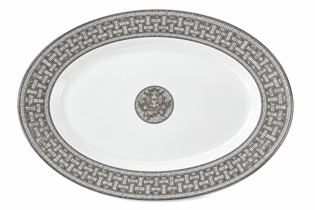 HERMÈS – GRAND PLAT OVALE MOSAÏQUE AU 24 PLATINE