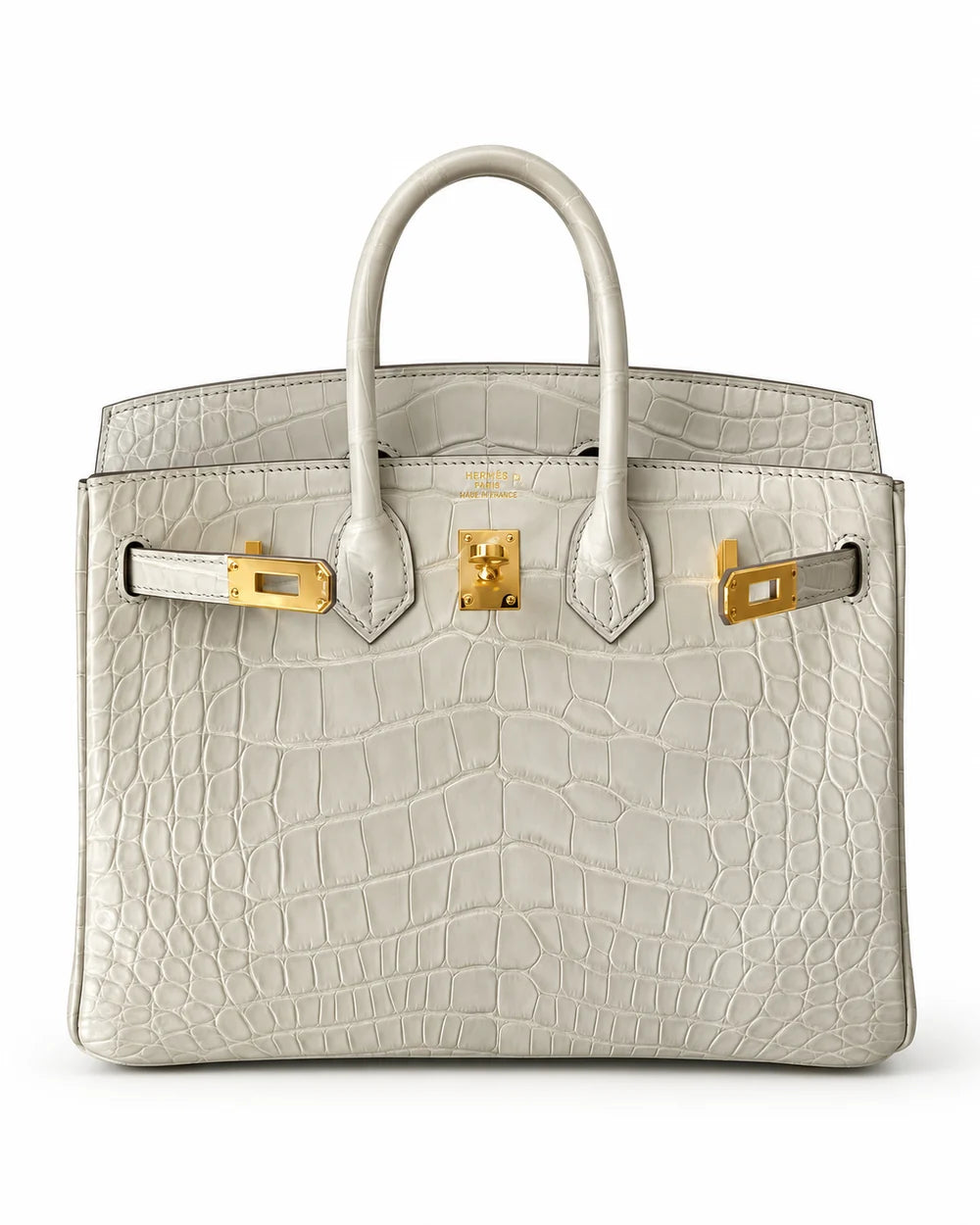 HERMÈS BIRKIN 25 ALLIGATOR MISSISSIPPIENSIS MAT BÉTON FINITION OR JAUNE