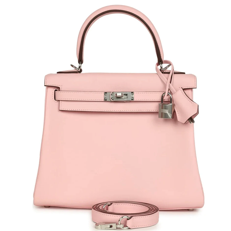 HERMES Kelly 25 Rose Sakura Cuir Swift Finition Palladié