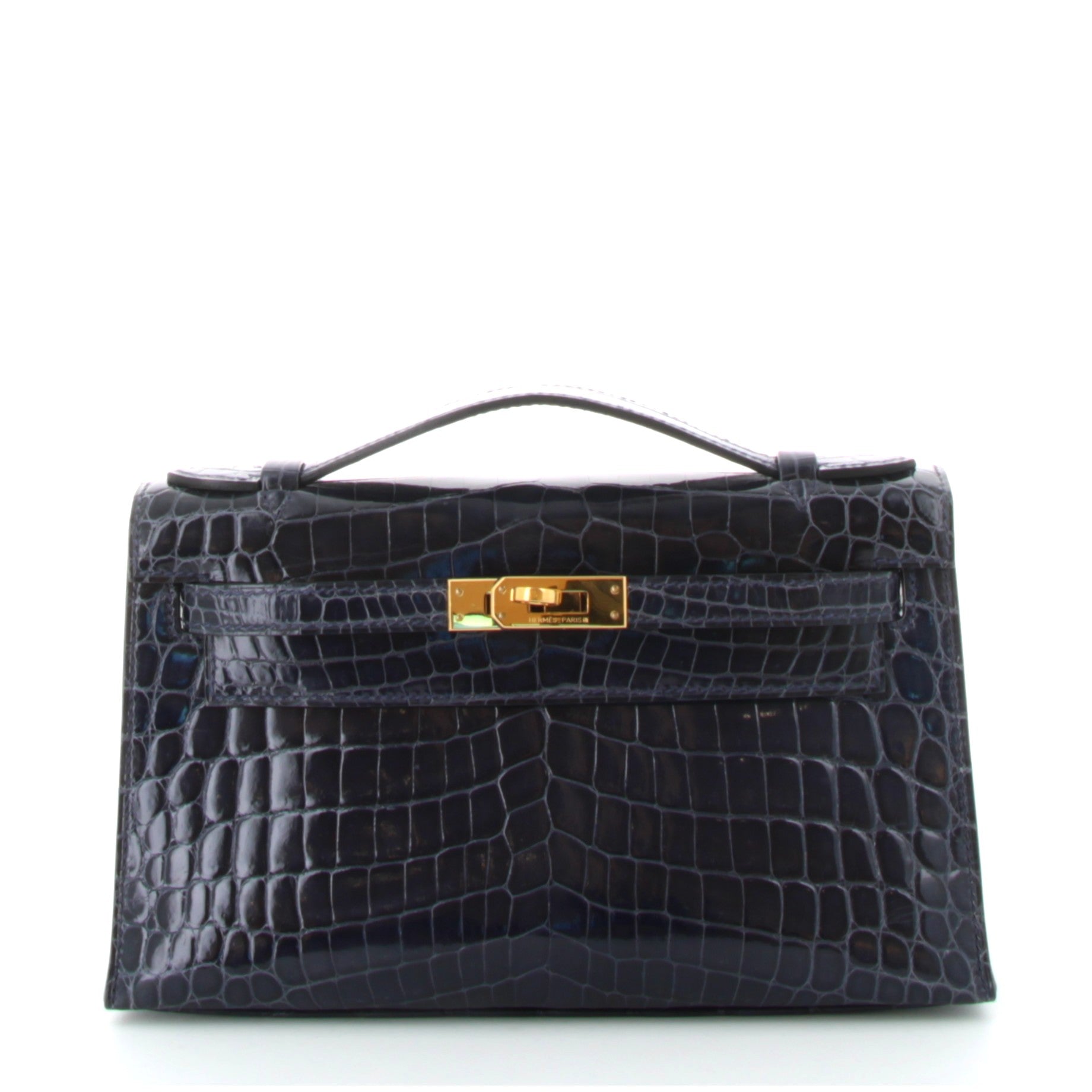 HERMÈS KELLY POCHETTE BLEU ABYSSE CROCODILE NILOTICUS FINITION OR JAUNE