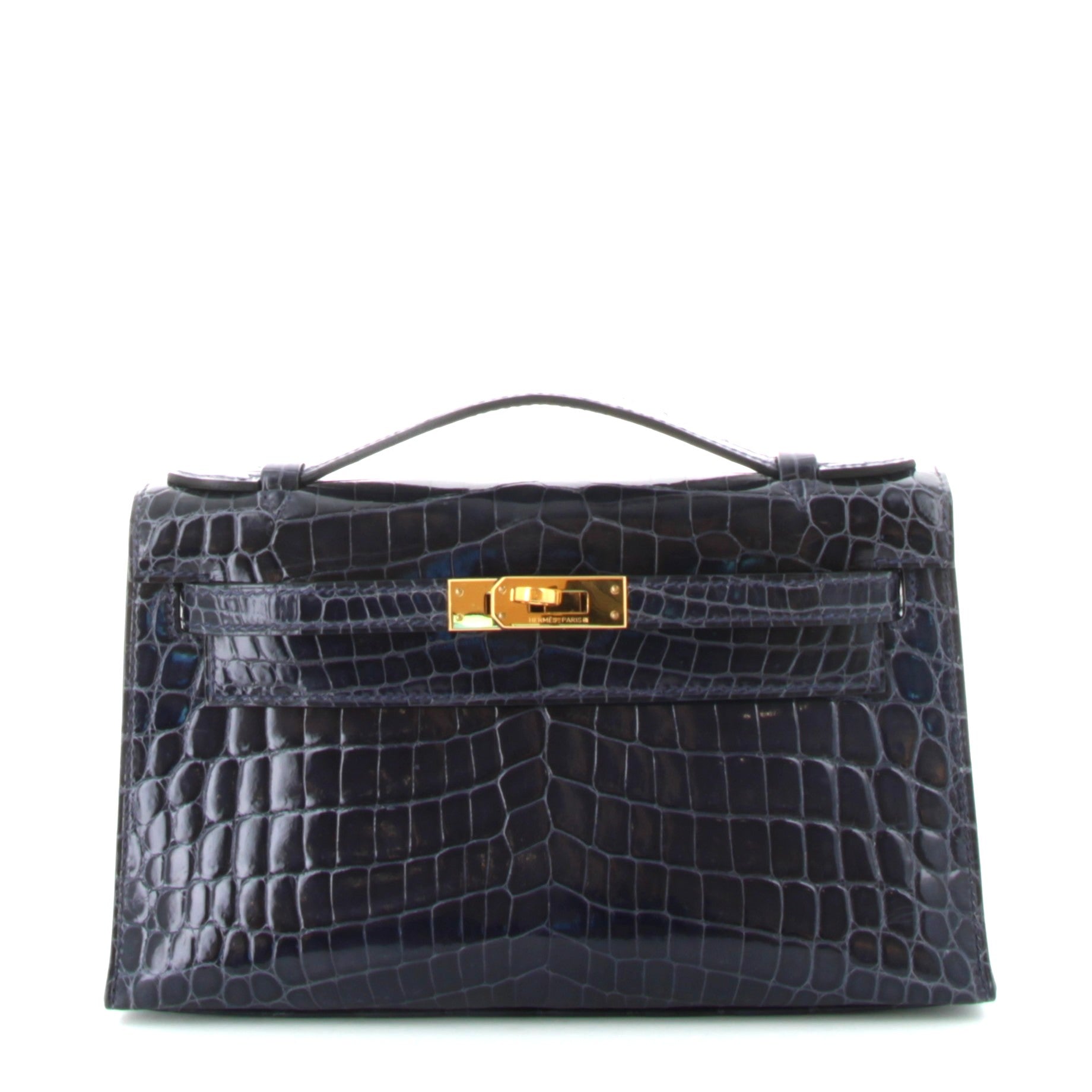 Hermes Kelly Pochette Croco Bleu Abysse Alligator Finition Or Jaune