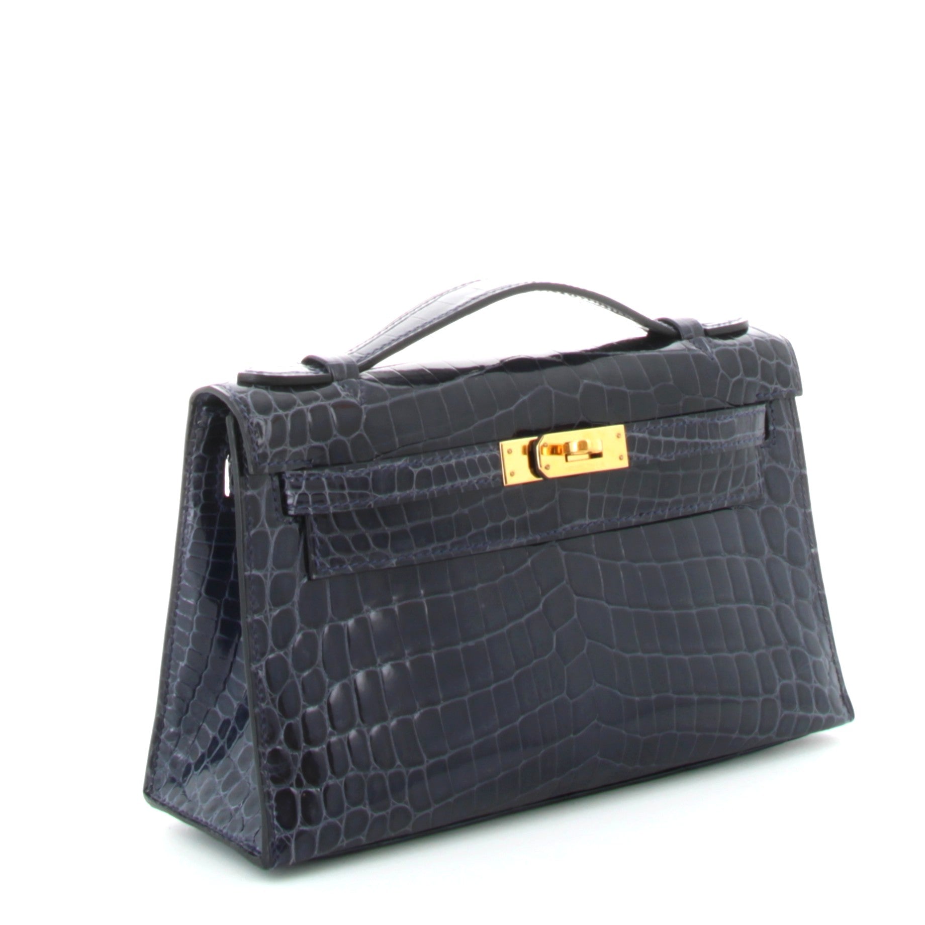 Hermes Kelly Pochette Croco Bleu Abysse Alligator Finition Or Jaune