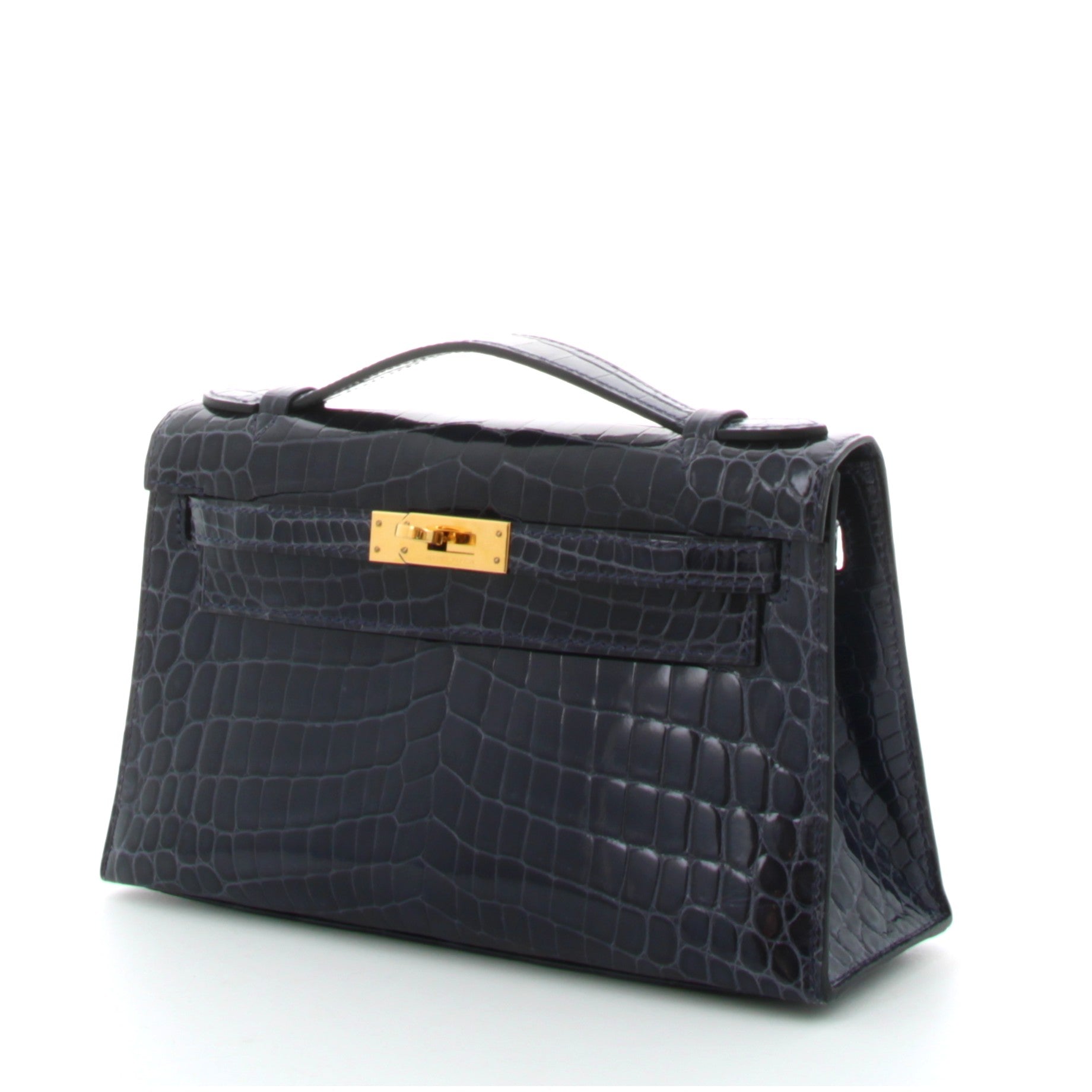 HERMÈS KELLY POCHETTE BLEU ABYSSE CROCODILE NILOTICUS FINITION OR JAUNE