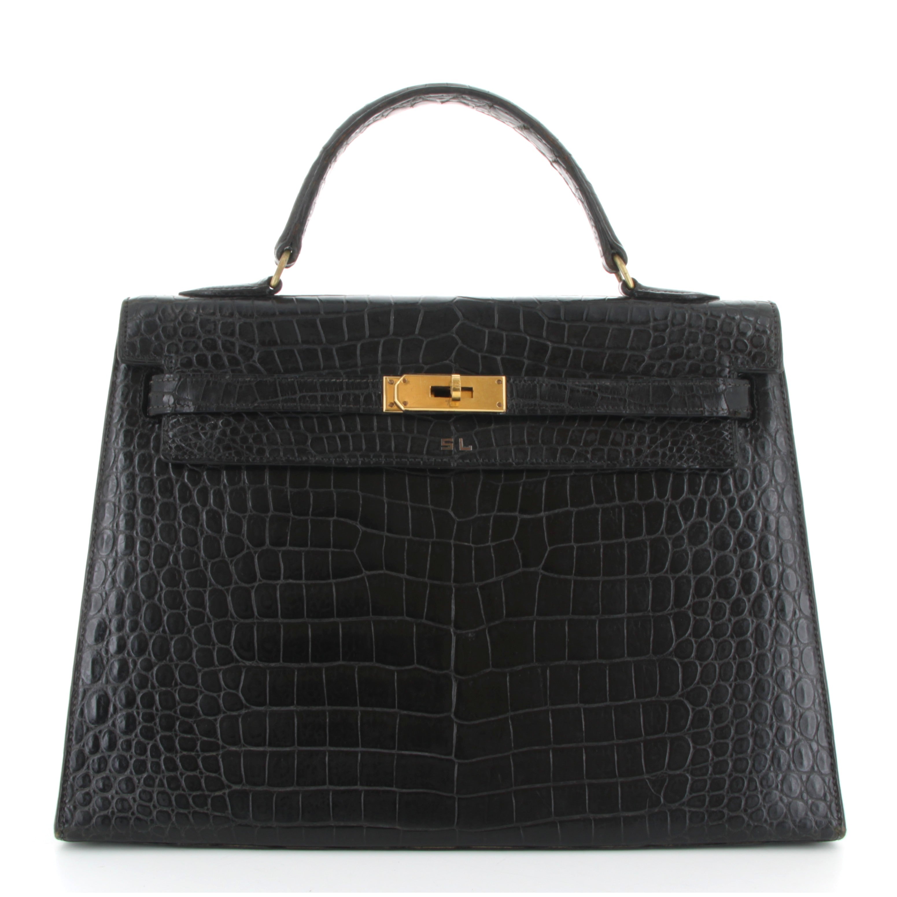 HERMÈS KELLY 32 CROCODILE NOIR VINTAGE FINITION OR JAUNE