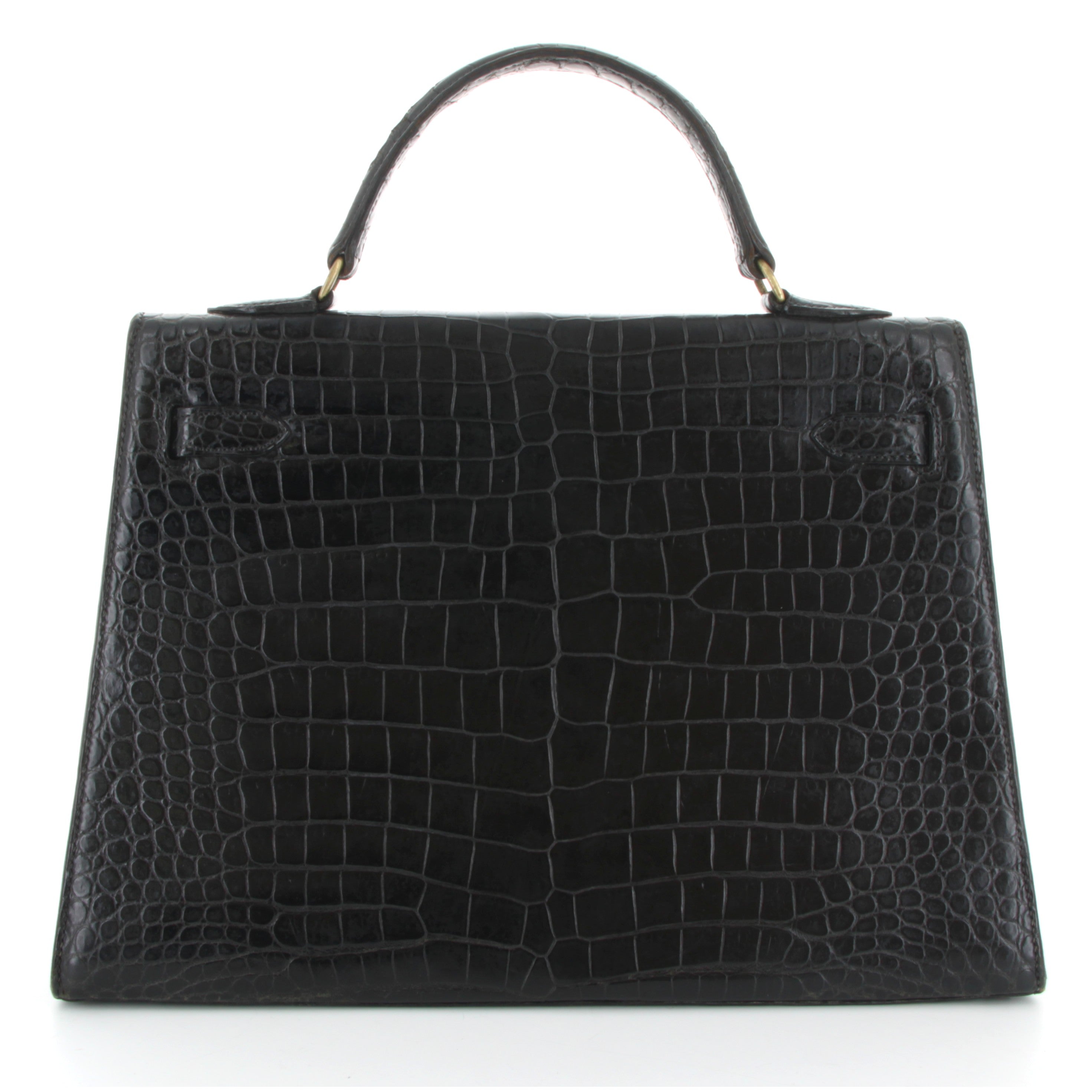 HERMÈS KELLY 32 CROCODILE NOIR VINTAGE FINITION OR JAUNE