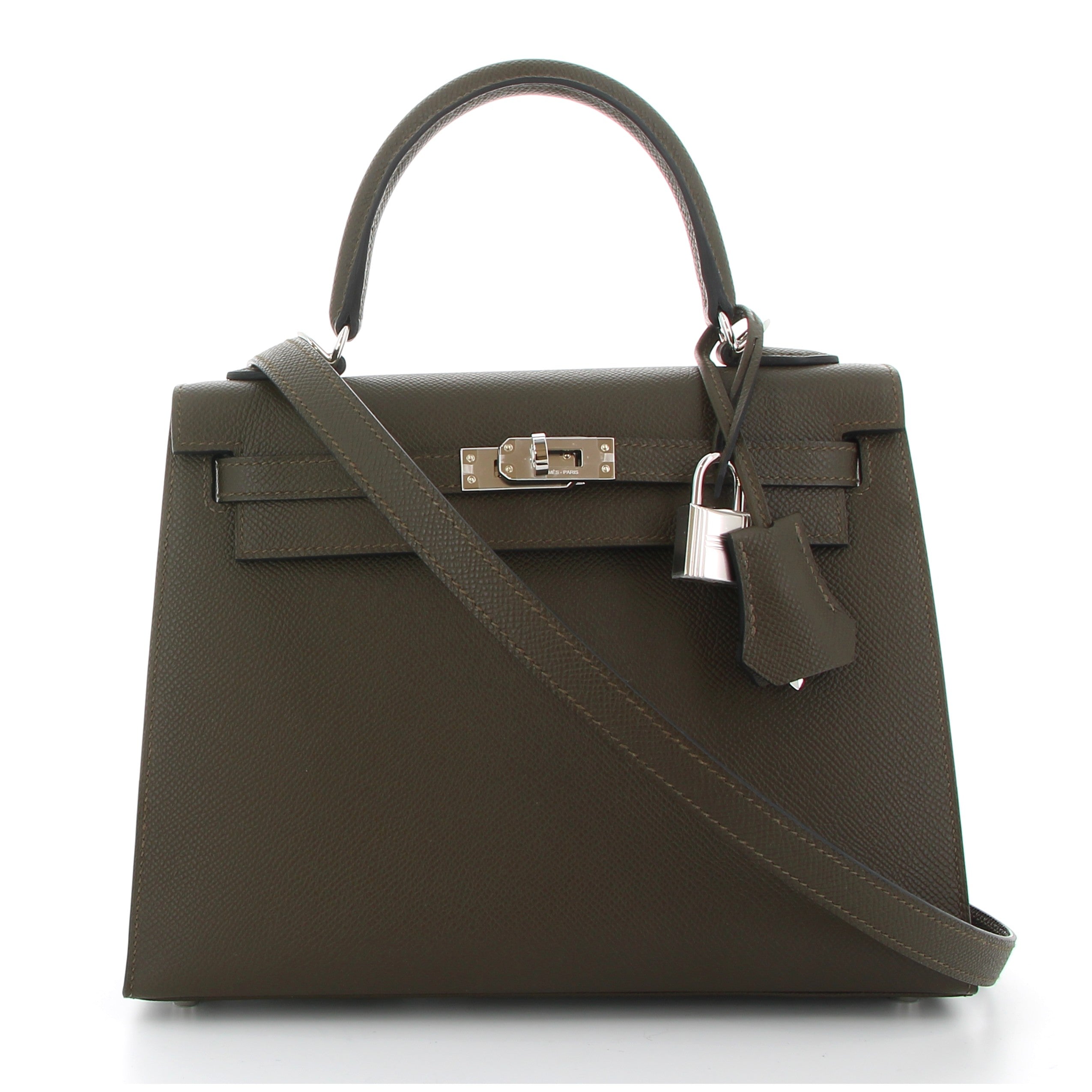 HERMÈS KELLY 25 VERT LODEN EPSOM FINITION PALLADIÉE