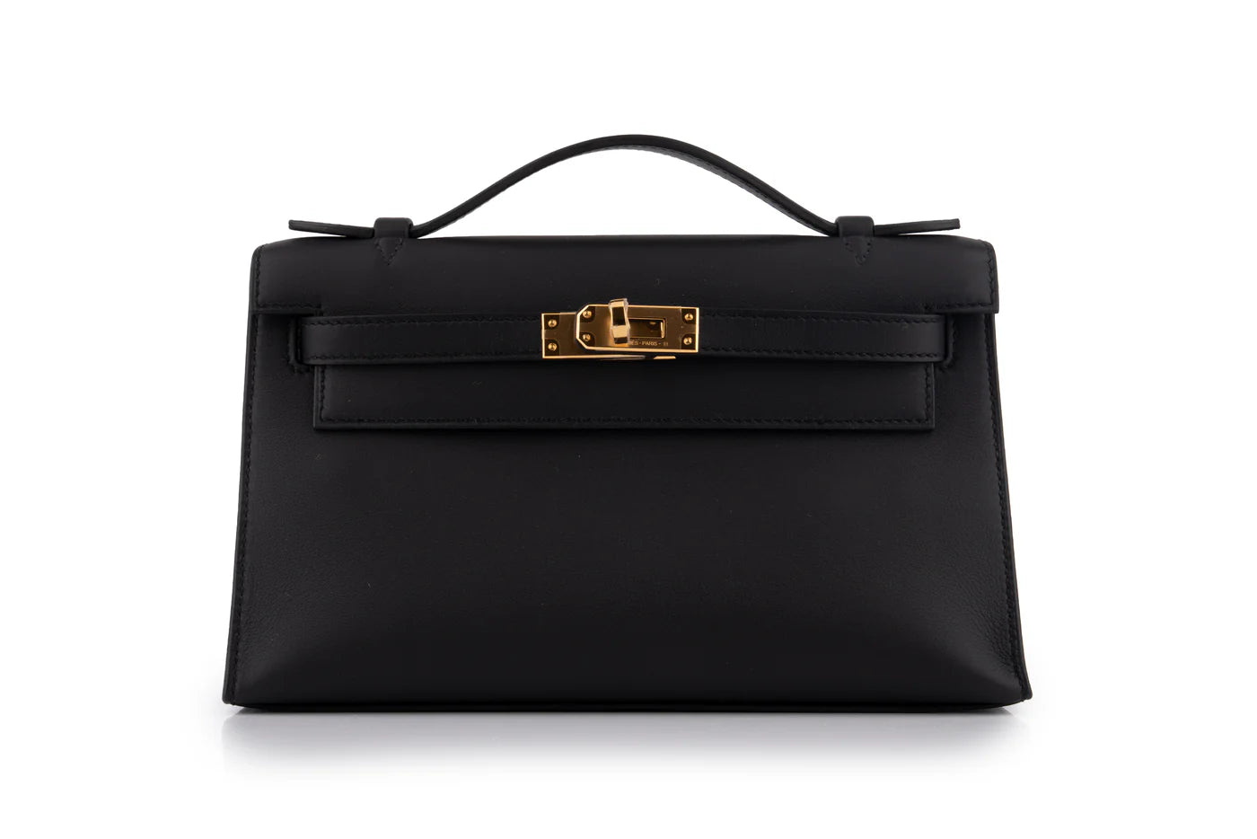 HERMES Kelly Pochette Noir Cuir Swift Finition Or Jaune