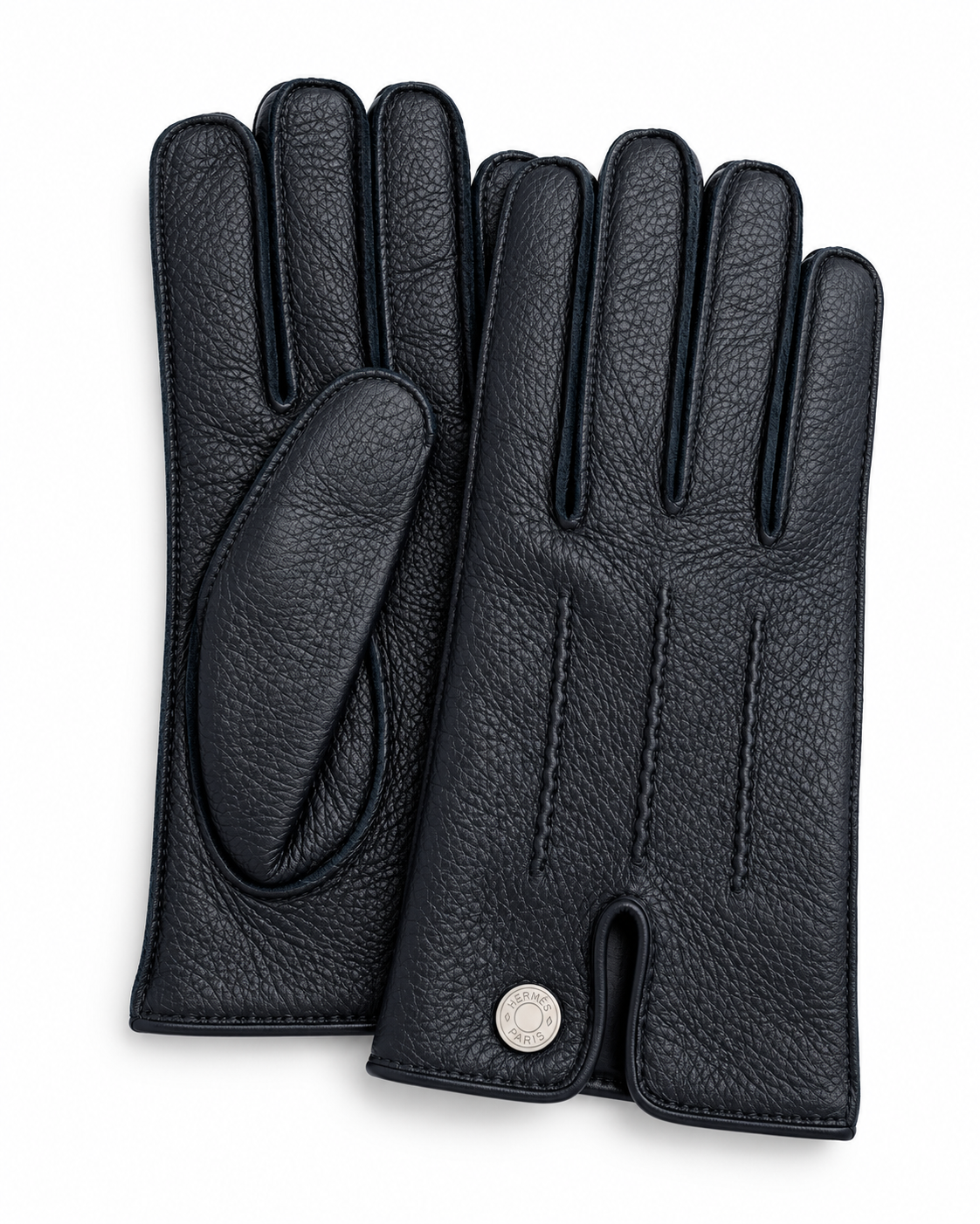 HERMÈS GANTS BLEU NOIR CLOU DE SELLE DOUBLÉS CACHEMIRE