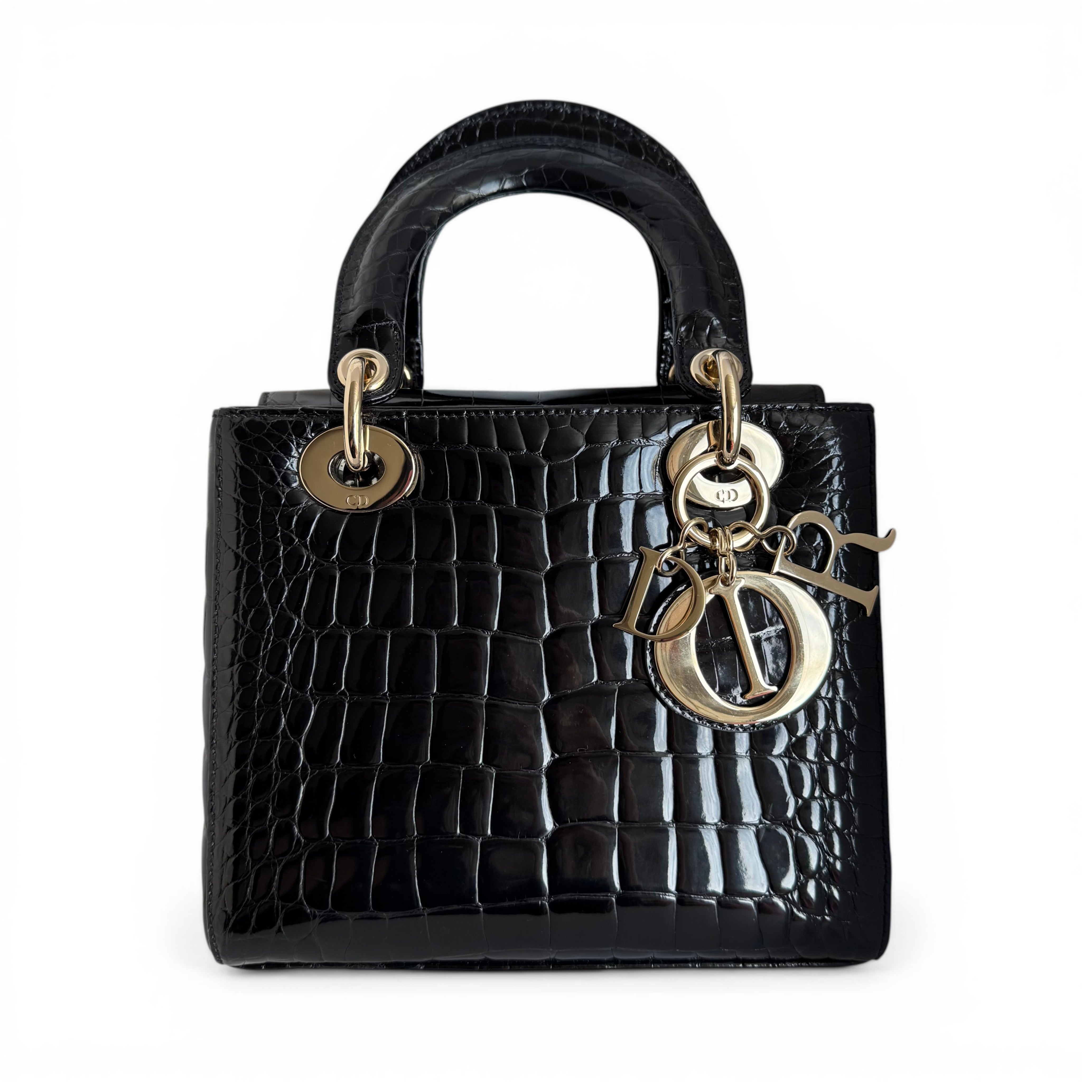 CHRISTIAN DIOR Lady Dior Small Noir Alligator Finition Or Rose