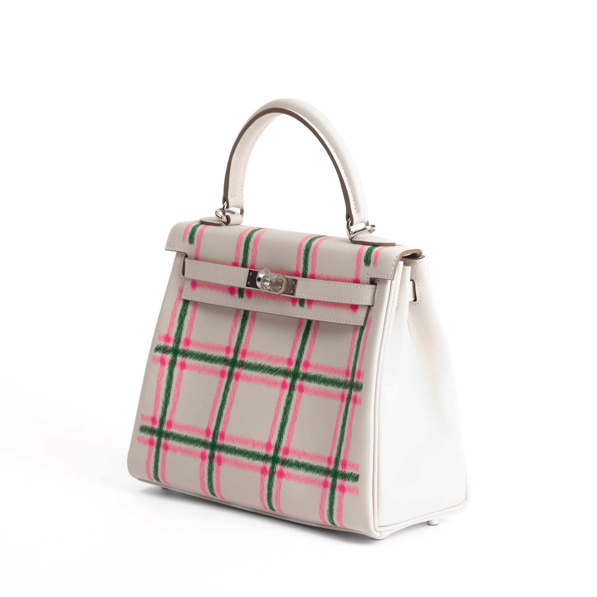 HERMES Kelly 25 Tartan Gris Pale / Bubblegum / Vert Cuir Swift Finition Palladié