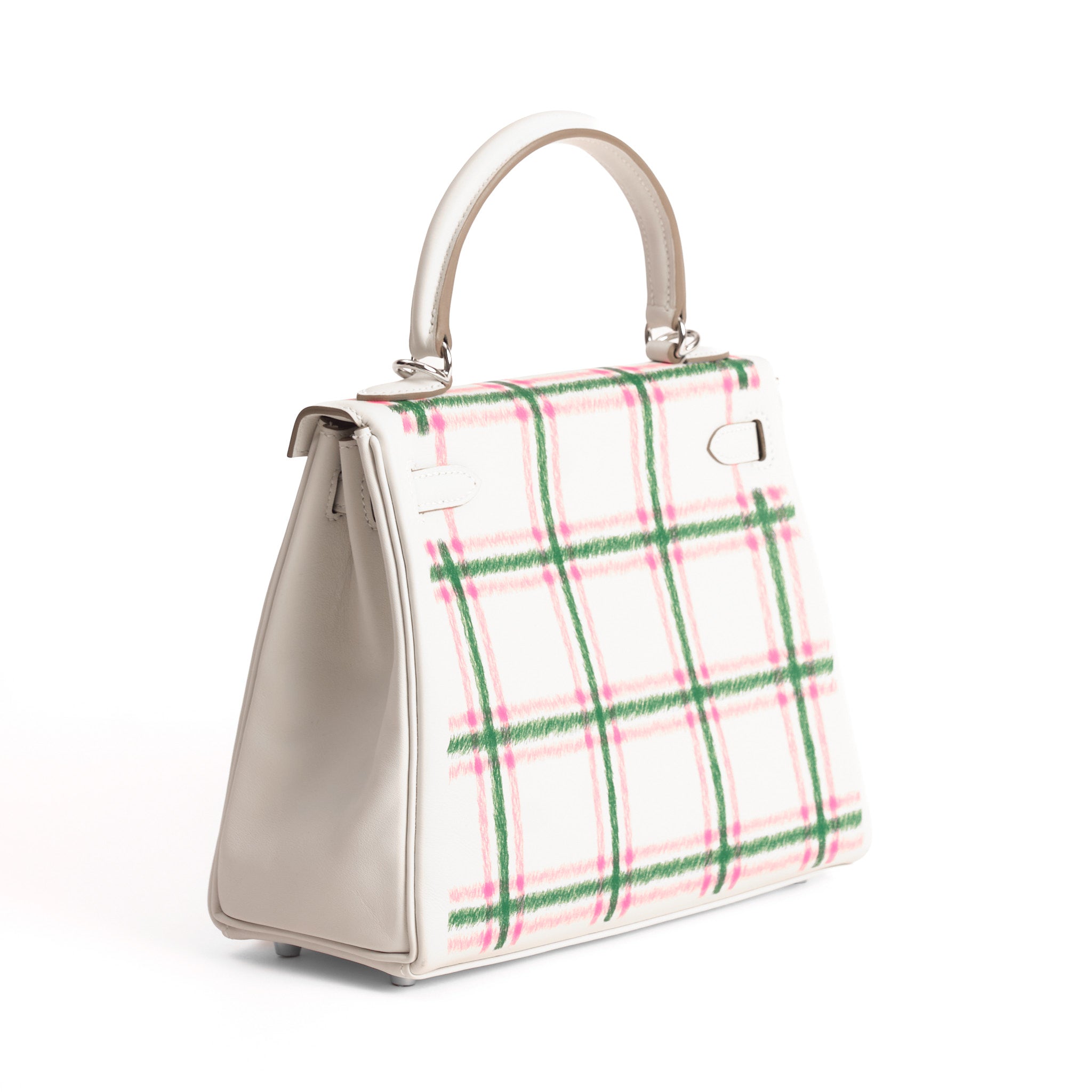 HERMES Kelly 25 Tartan Gris Pale / Bubblegum / Vert Cuir Swift Finition Palladié