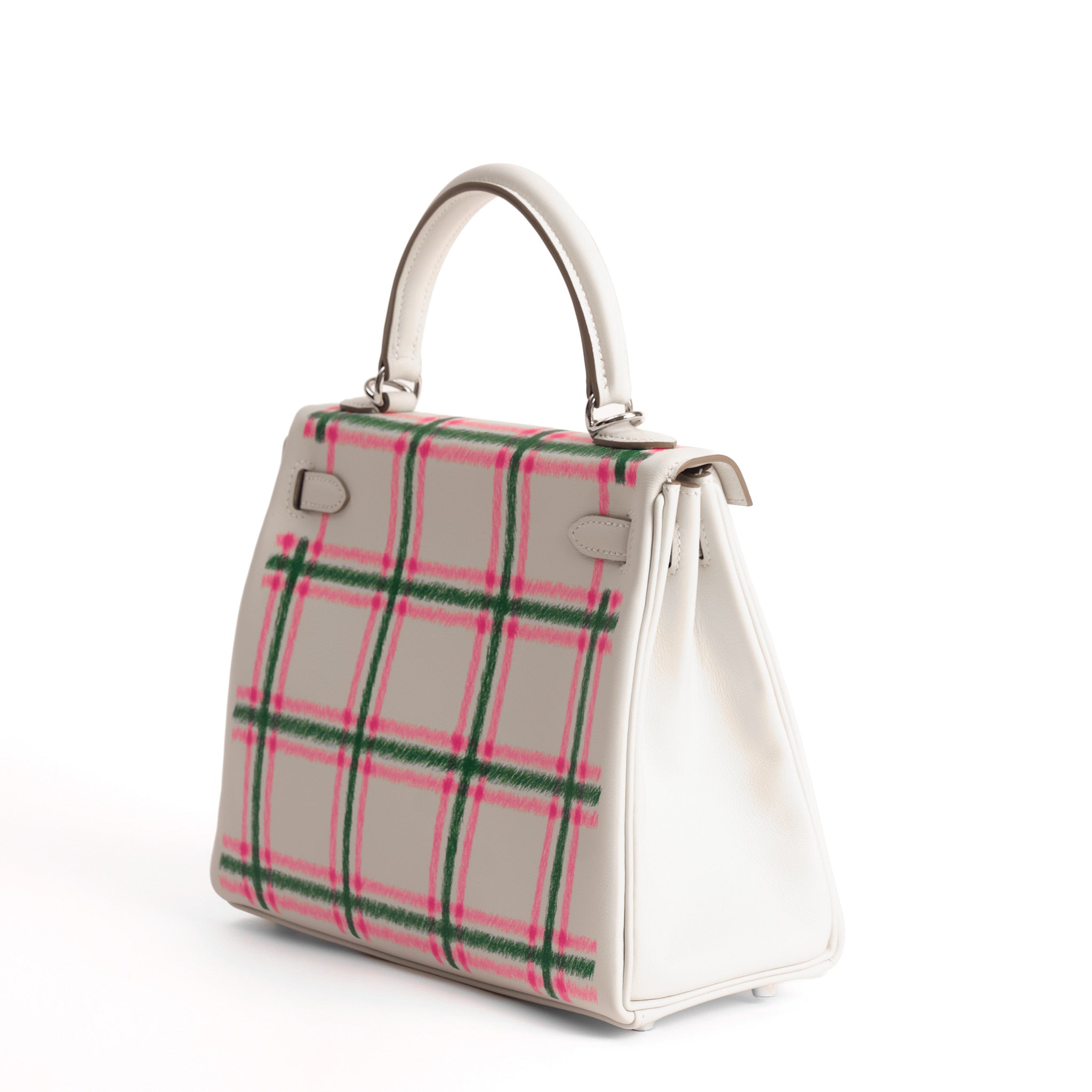 HERMES Kelly 25 Tartan Gris Pale / Bubblegum / Vert Cuir Swift Finition Palladié