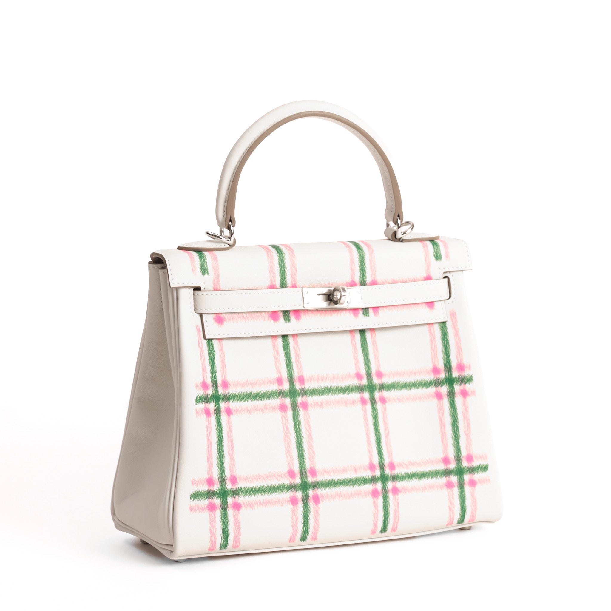 HERMES Kelly 25 Tartan Gris Pale / Bubblegum / Vert Cuir Swift Finition Palladié