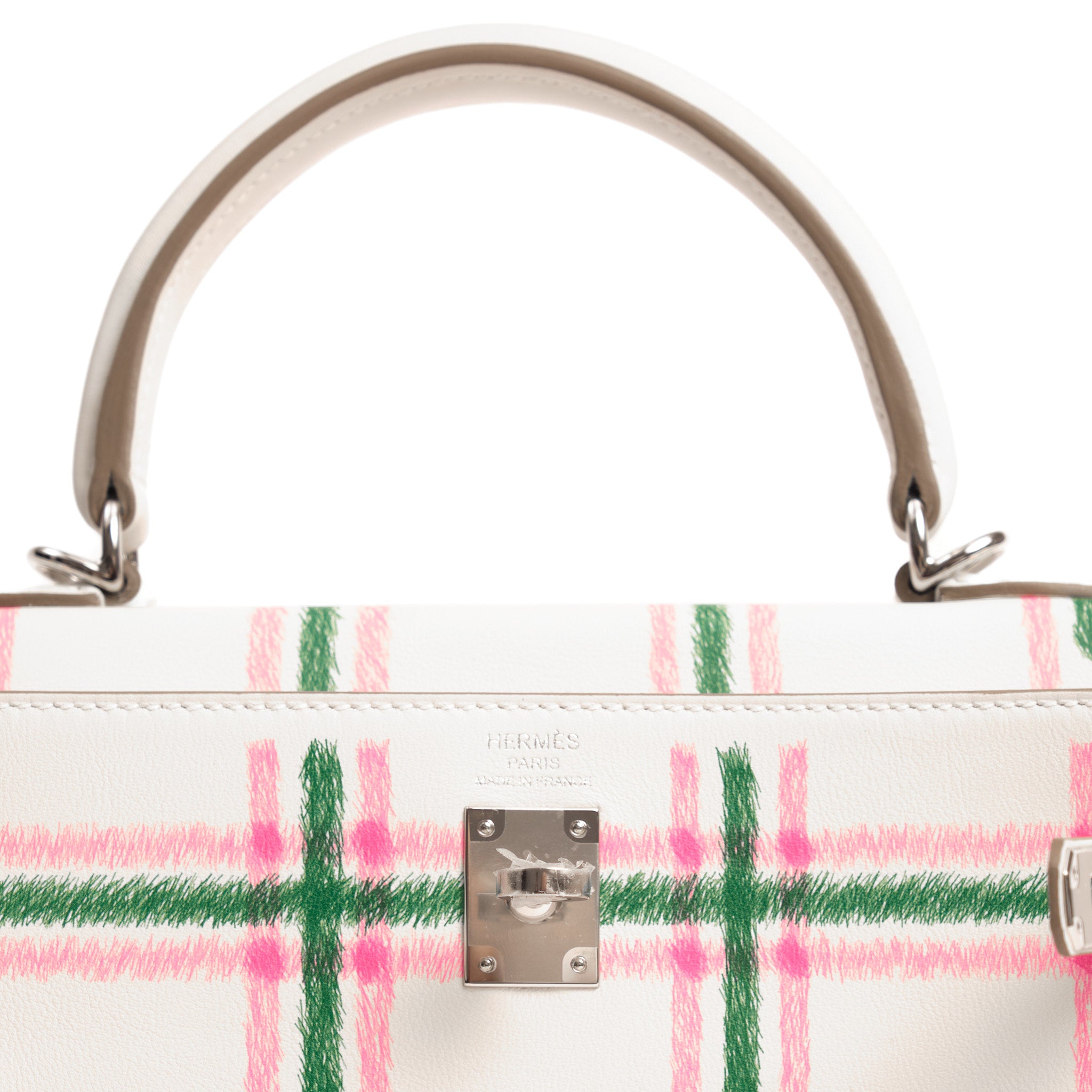 HERMES Kelly 25 Tartan Gris Pale / Bubblegum / Vert Cuir Swift Finition Palladié