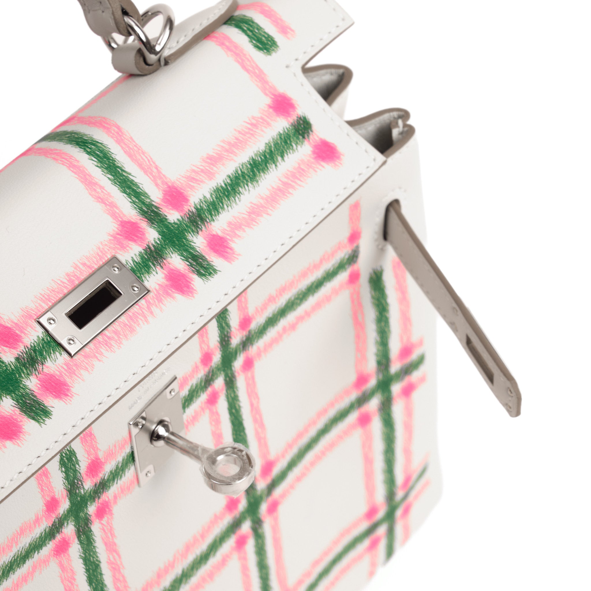 HERMES Kelly 25 Tartan Gris Pale / Bubblegum / Vert Cuir Swift Finition Palladié