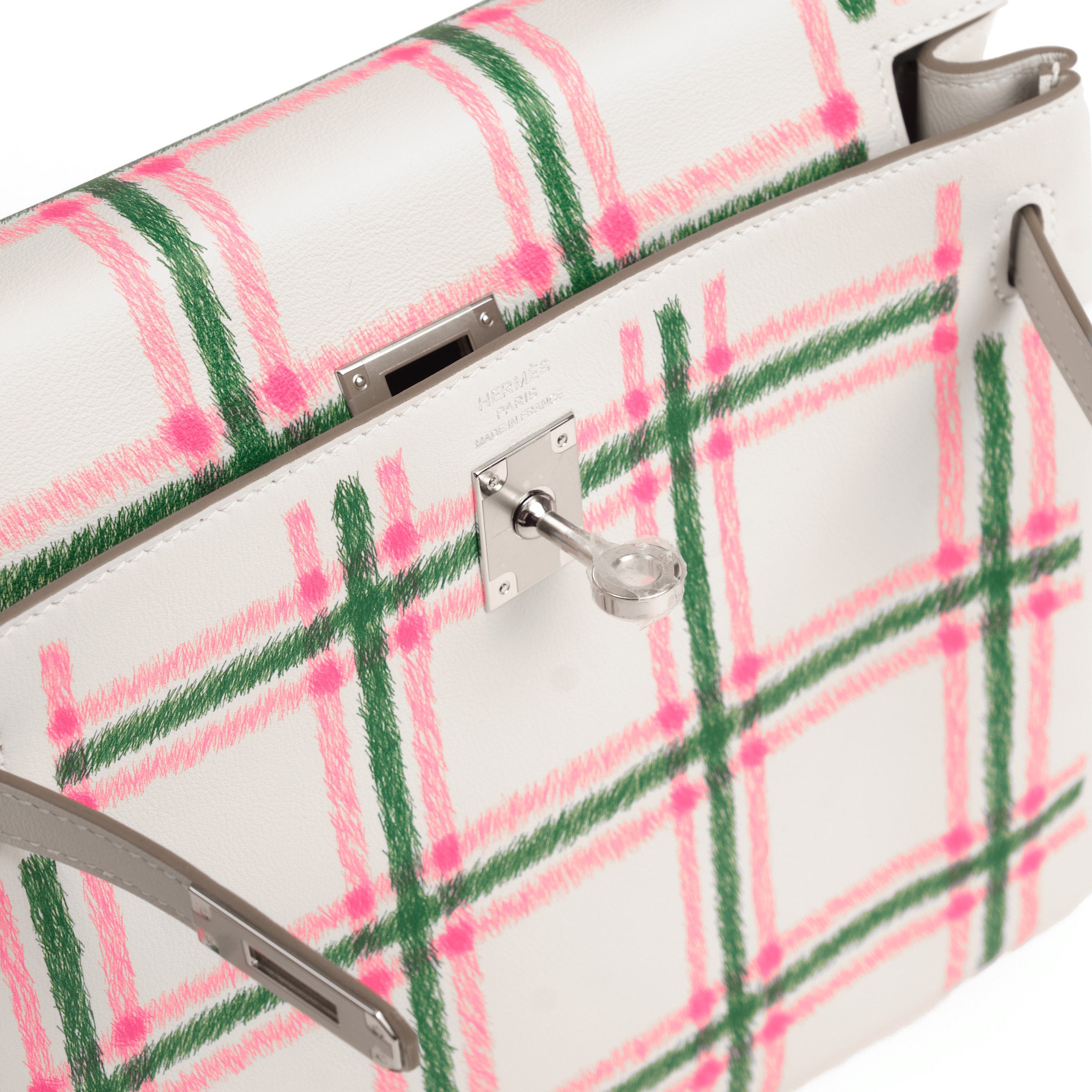 HERMES Kelly 25 Tartan Gris Pale / Bubblegum / Vert Cuir Swift Finition Palladié