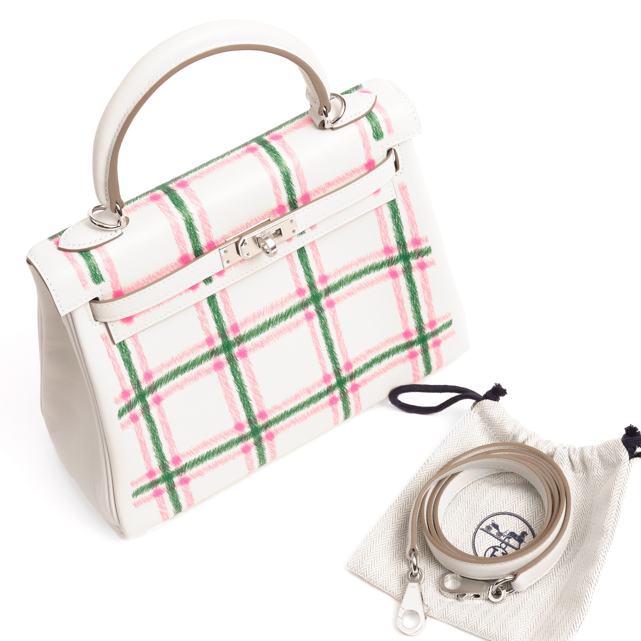 HERMES Kelly 25 Tartan Gris Pale / Bubblegum / Vert Cuir Swift Finition Palladié