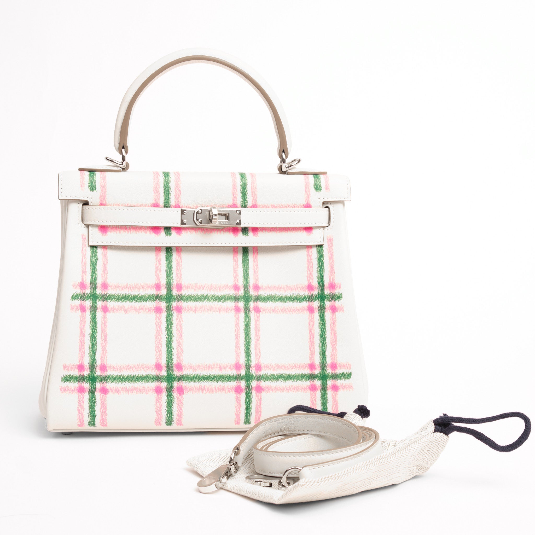HERMES Kelly 25 Tartan Gris Pale / Bubblegum / Vert Cuir Swift Finition Palladié
