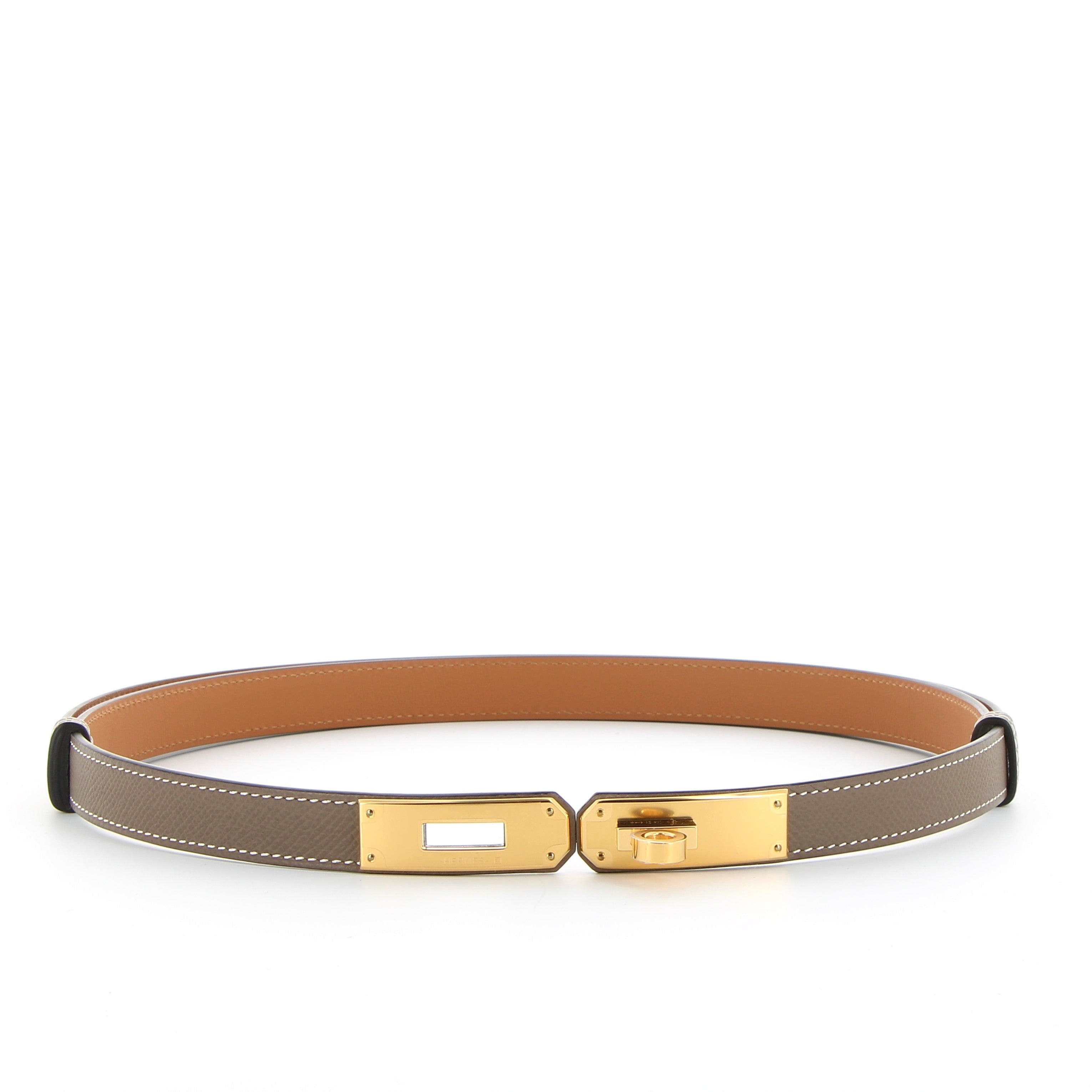 HERMÈS Kelly ceinture cuir Epsom Etoupe finition dorée