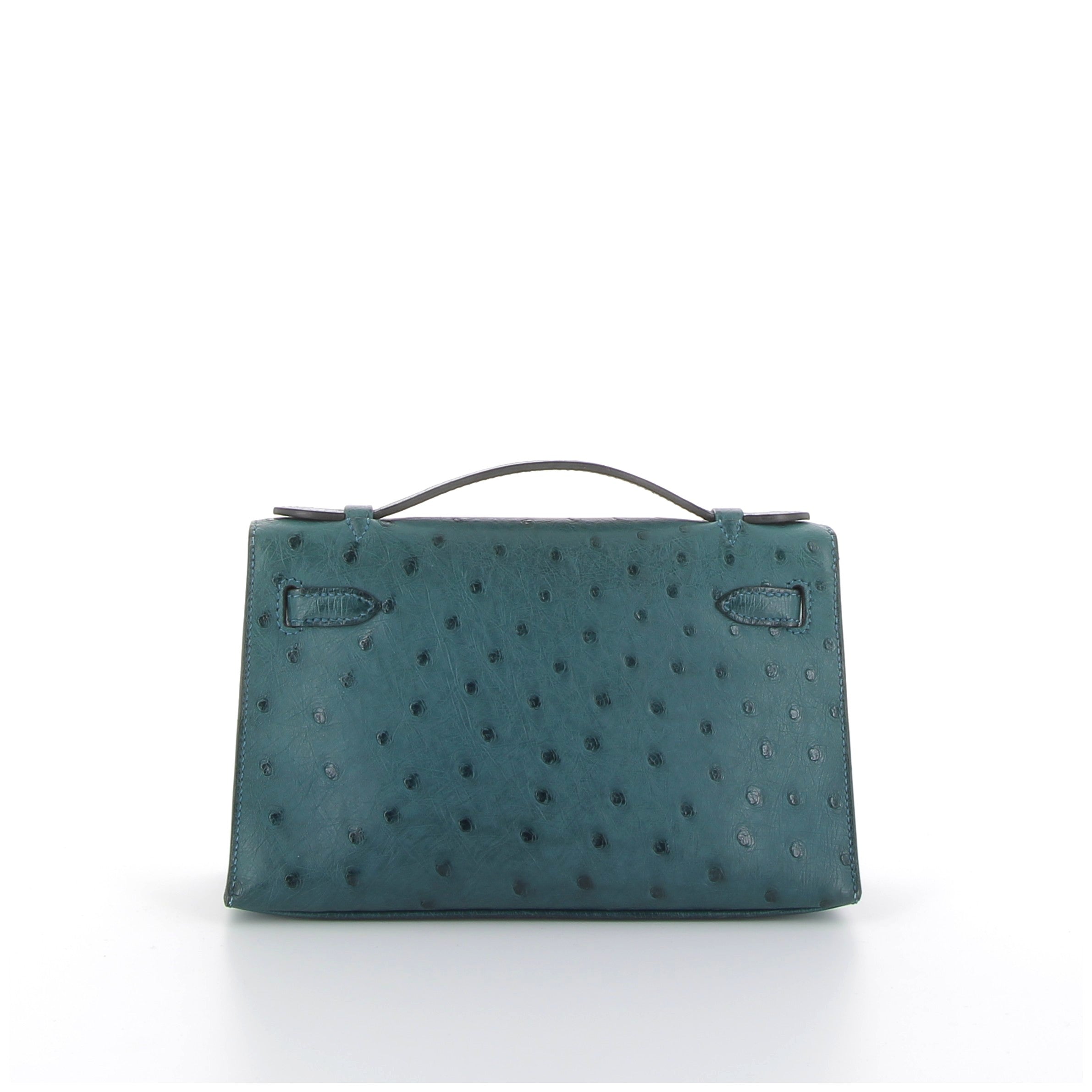 HERMÈS Kelly Pochette Autruche Bleu Canard finition dorée