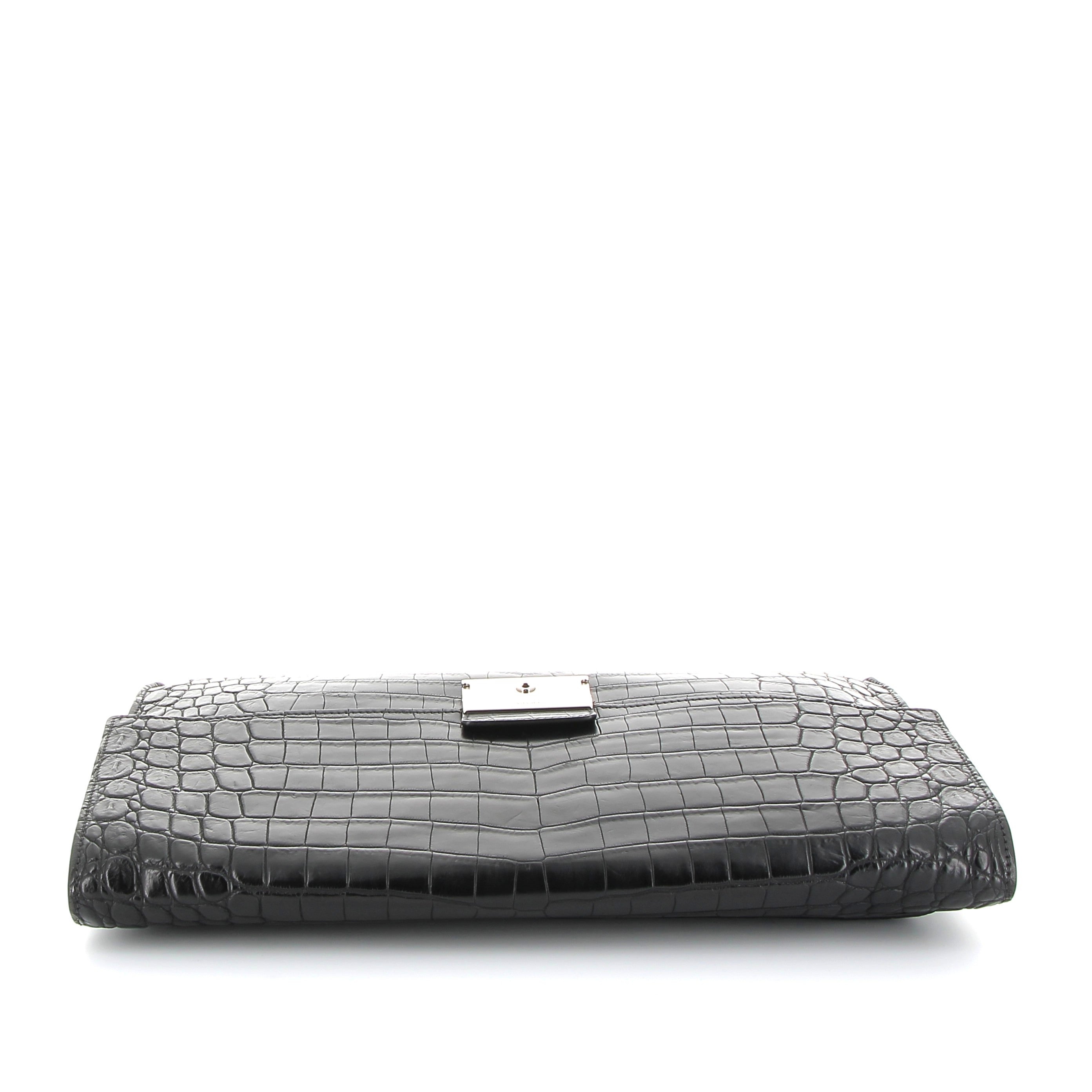 PRADA Pochette Noir Crocodile Finition Palladié