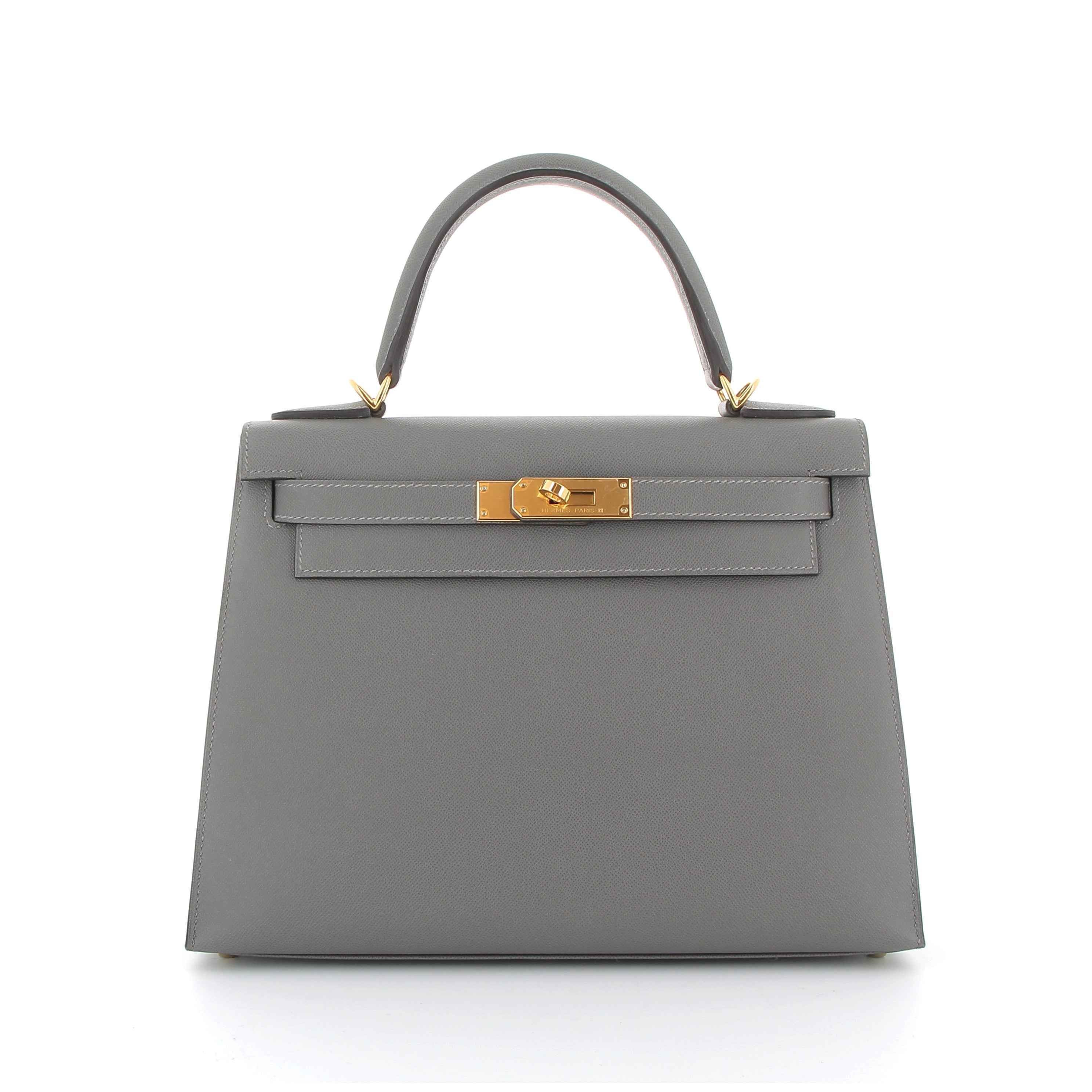 HERMÈS Kelly 28 Gris Meyer Veau Madame Finition Or jaune