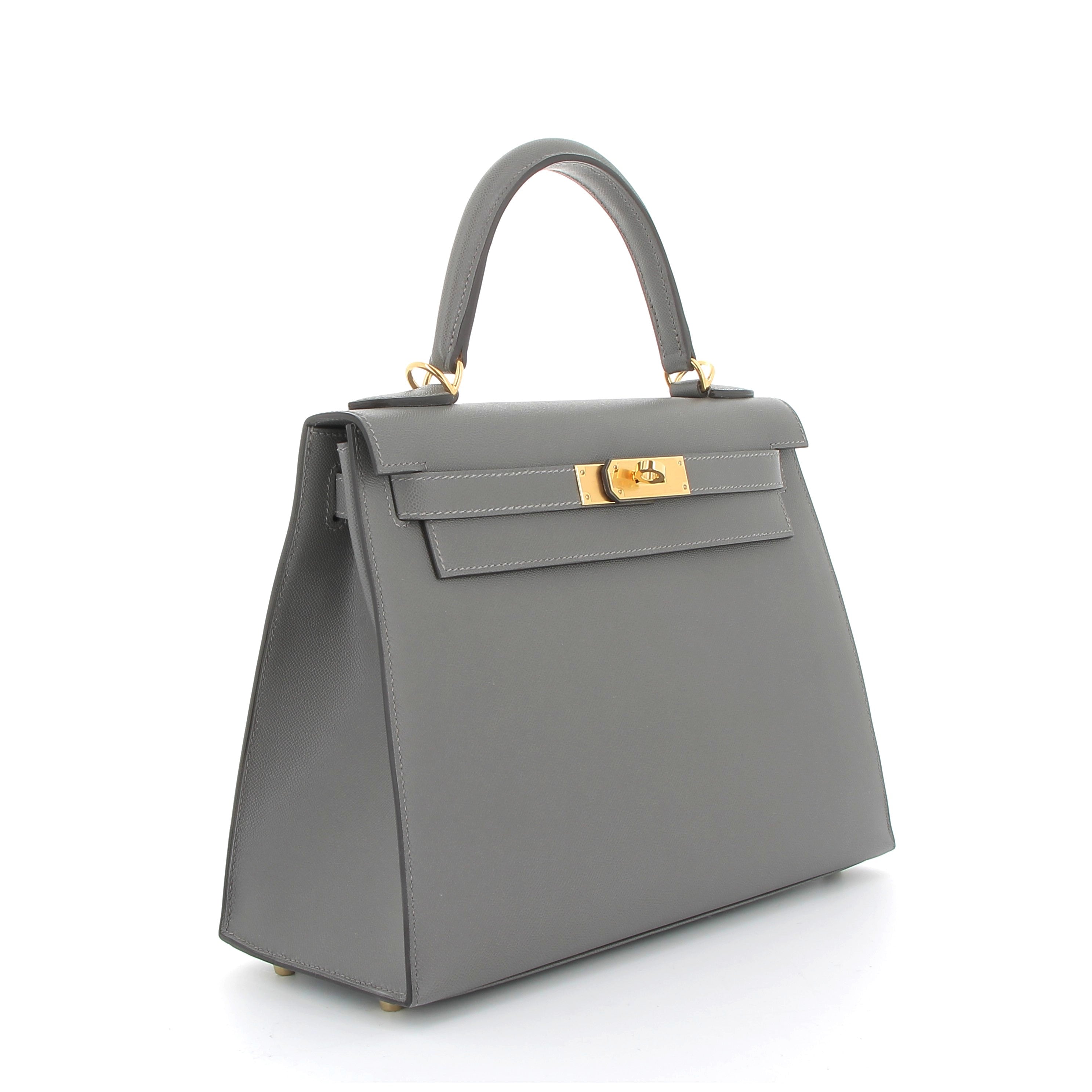 HERMÈS Kelly 28 Gris Meyer Veau Madame Finition Or jaune