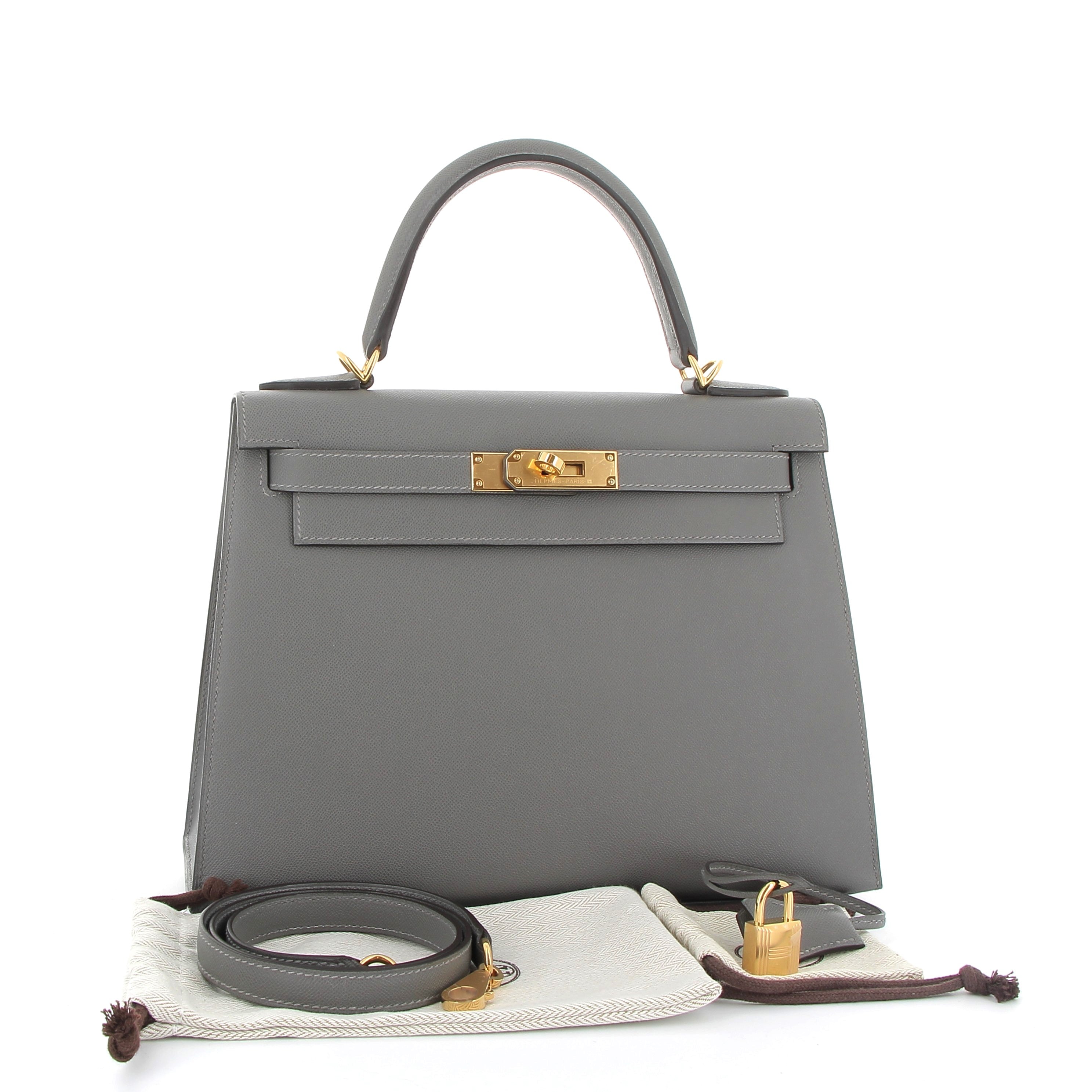 HERMÈS Kelly 28 Gris Meyer Veau Madame Finition Or jaune