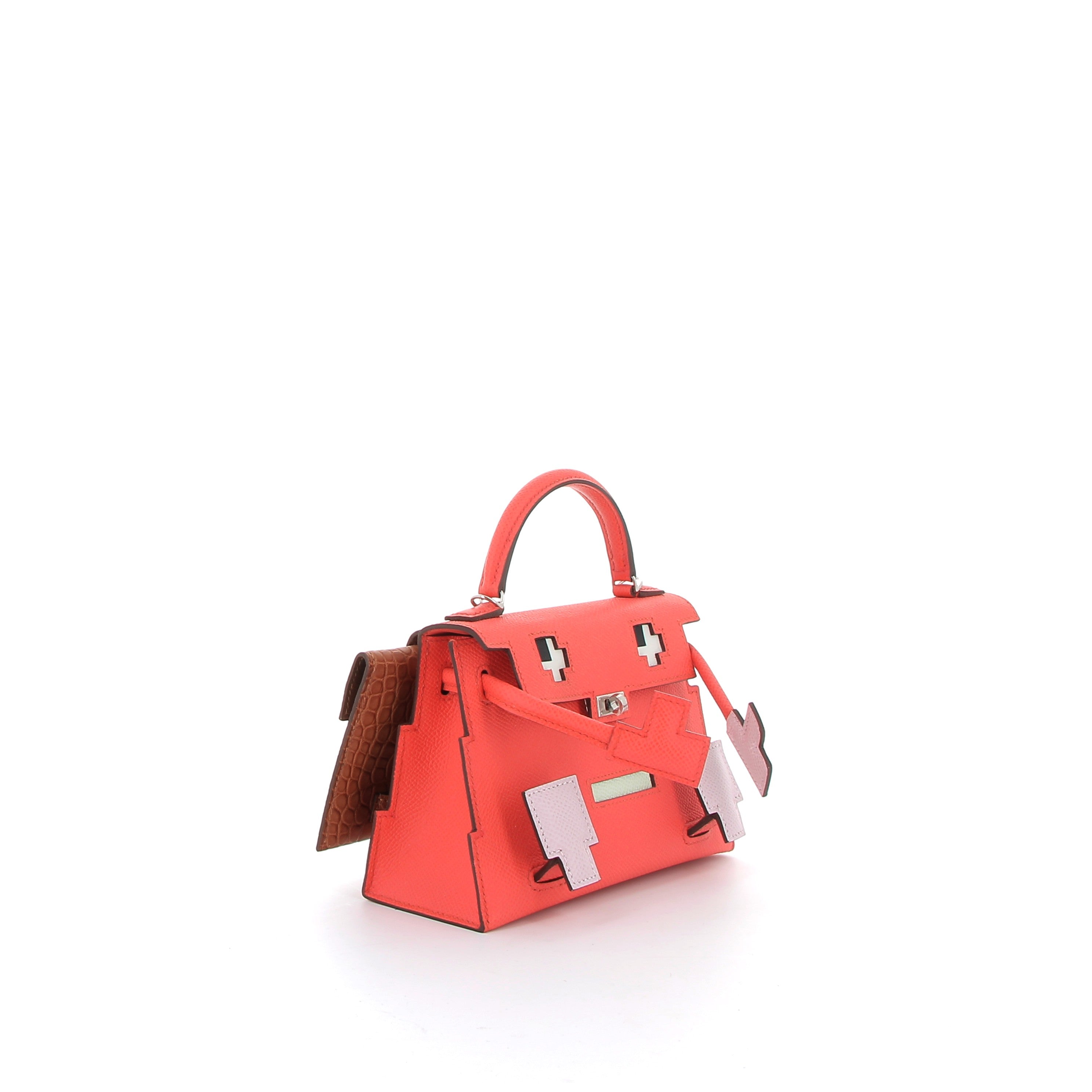 HERMES Kelly Doll Picto Cuir Epsom et Crocodile Finition Palladié