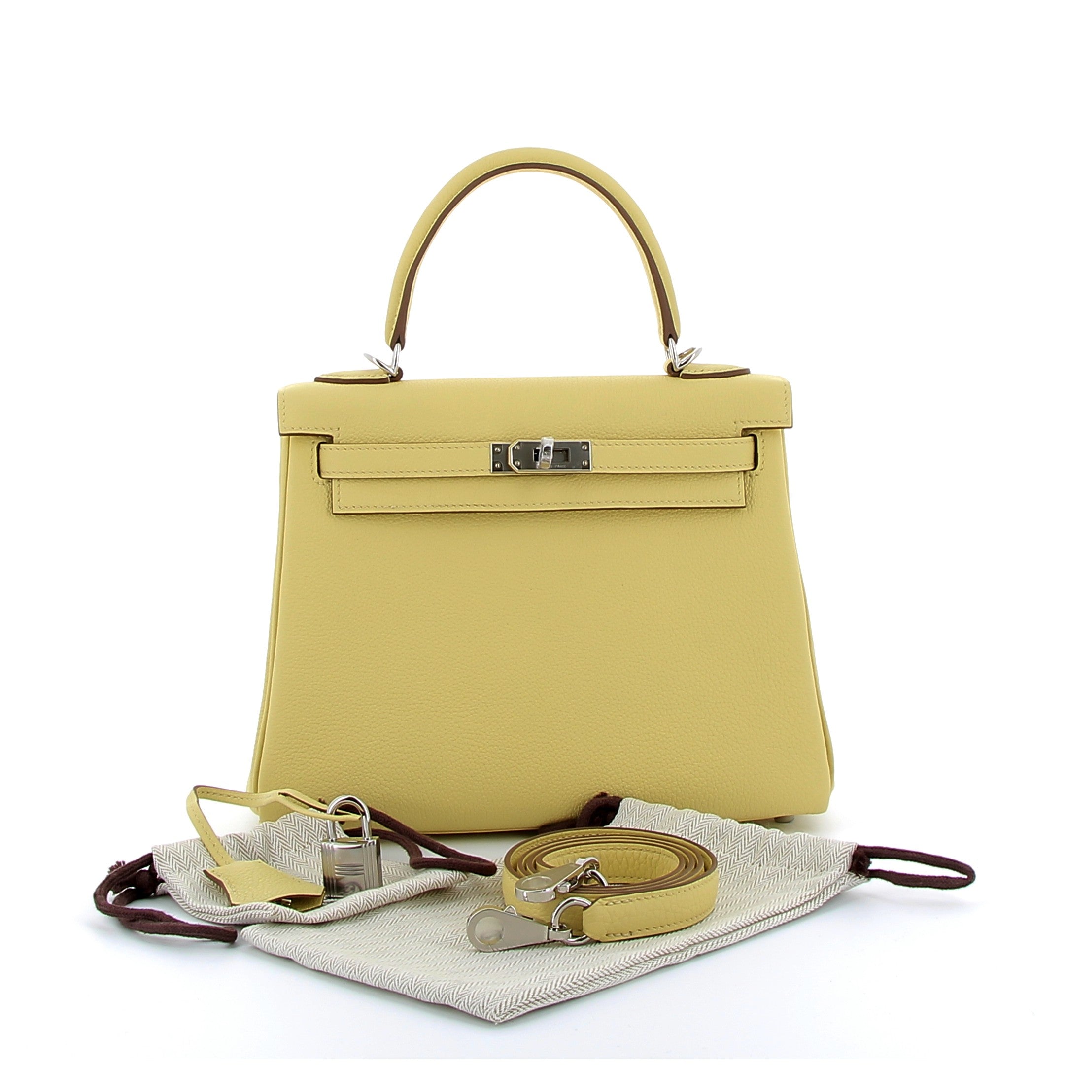 HERMES Kelly 25 Jaune Poussin Togo Finition Palladié