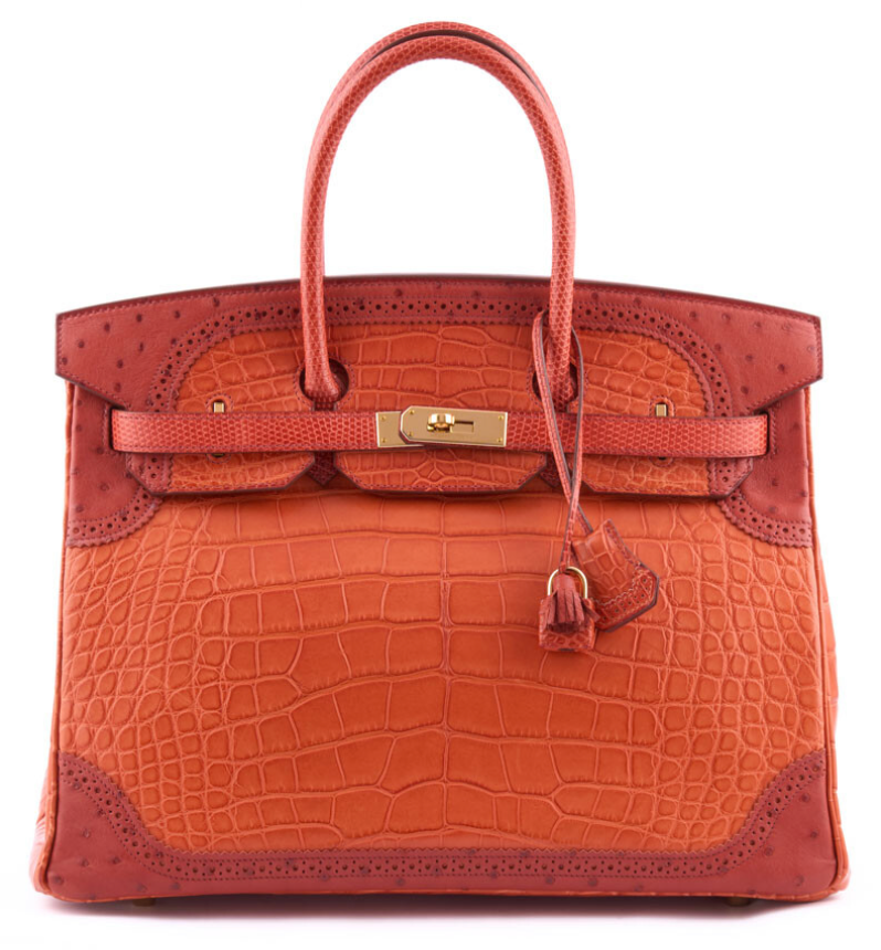 HERMES Birkin 35 Grand Mariage Ghillies Sanguine Mat Alligator, Autruche, Lézard Finition Permabrass