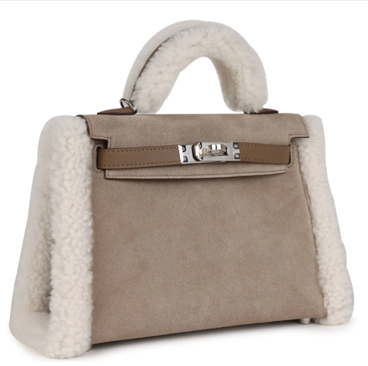 HERMES Teddy Kelly 20 Gris Caillou / Etoupe Cuir Swift / Shearling Finition Palladié