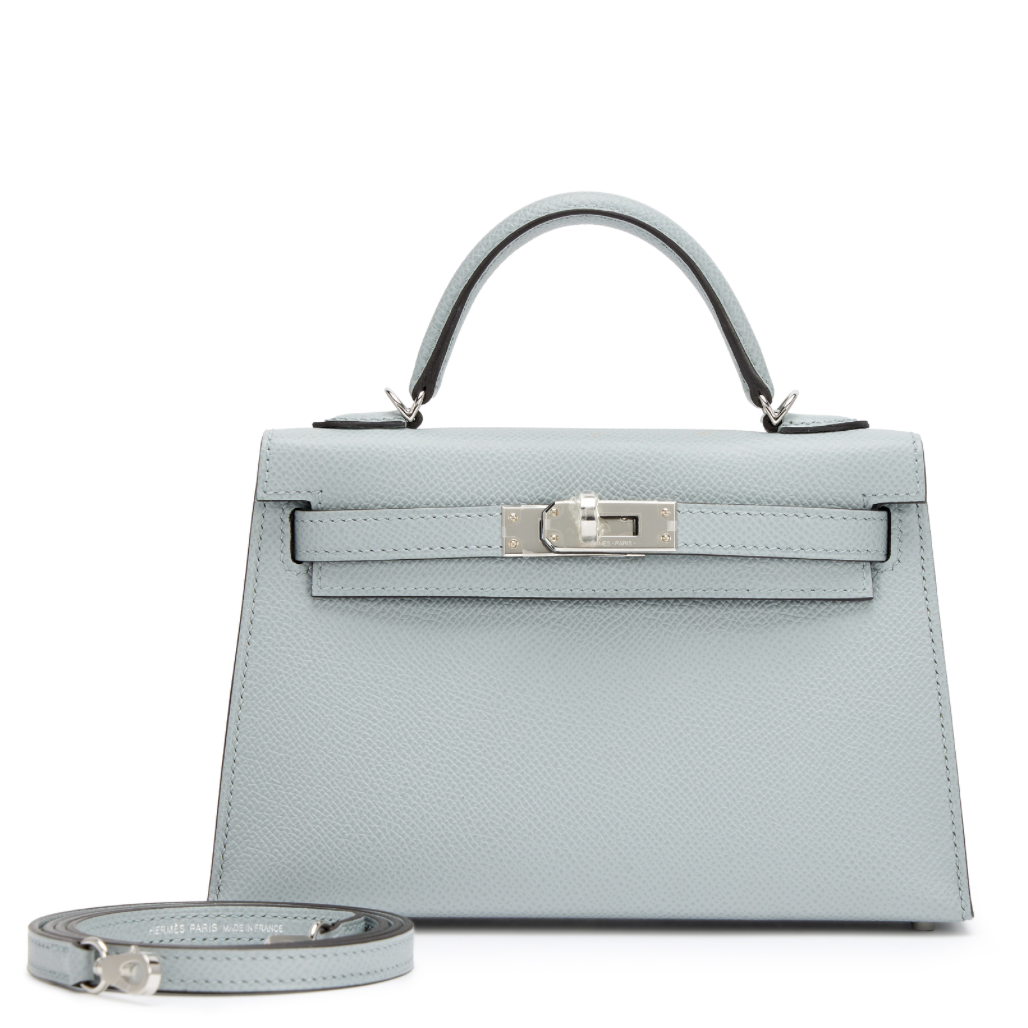 HERMES Kelly 20 Bleu Glacier Cuir Epsom Finition Palladié