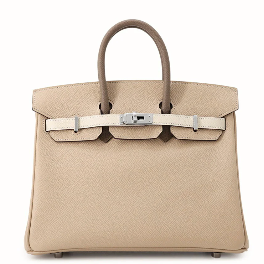HERMES Birkin 25 Tricolor Trench/Craie/Etoupe Cuir Epsom Finition Palladié