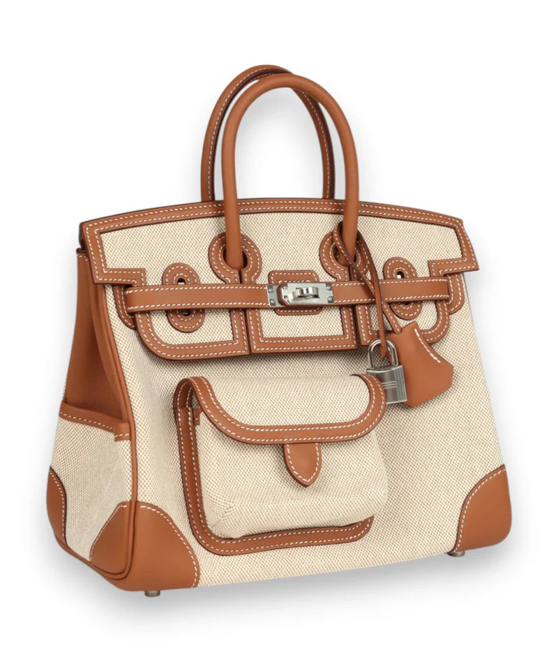 HERMES Birkin 25 Cargo Ecru / Gold Toile & Swift Finition Palladié