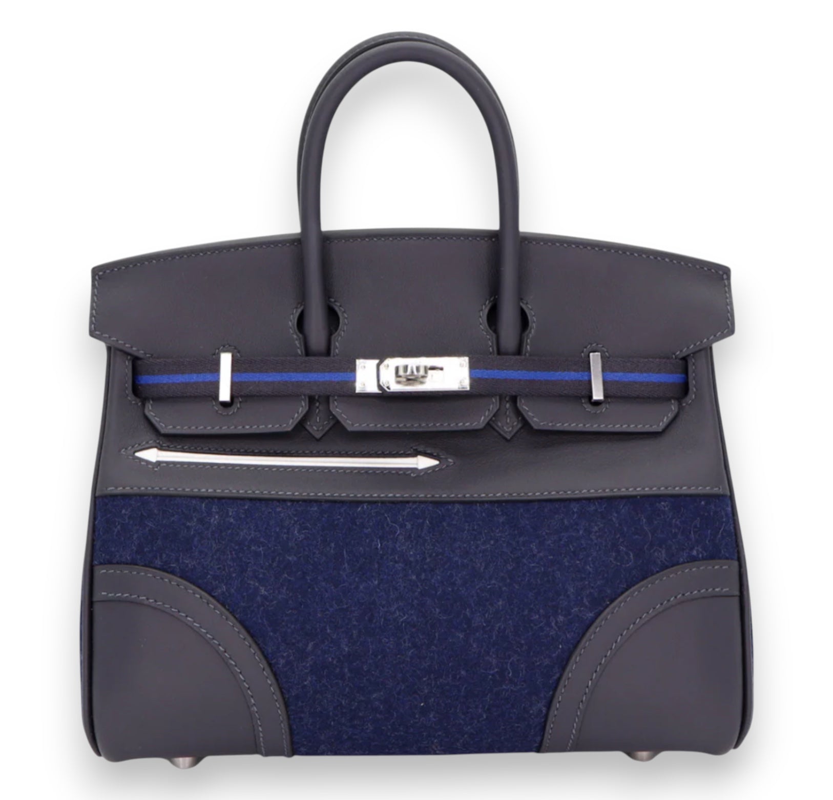 HERMES Birkin 25 "Go team" Caban Swift / Bleu Nuit Feutre Finition Palladié