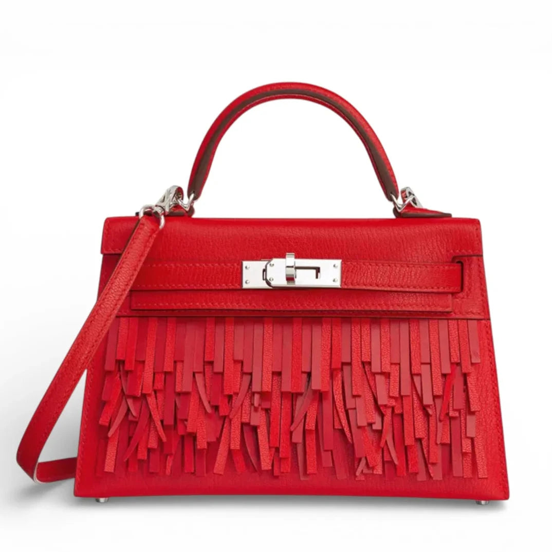 HERMES Kelly 20 Pampilles Rouge Chamkilight Chèvre Finition Palladiée