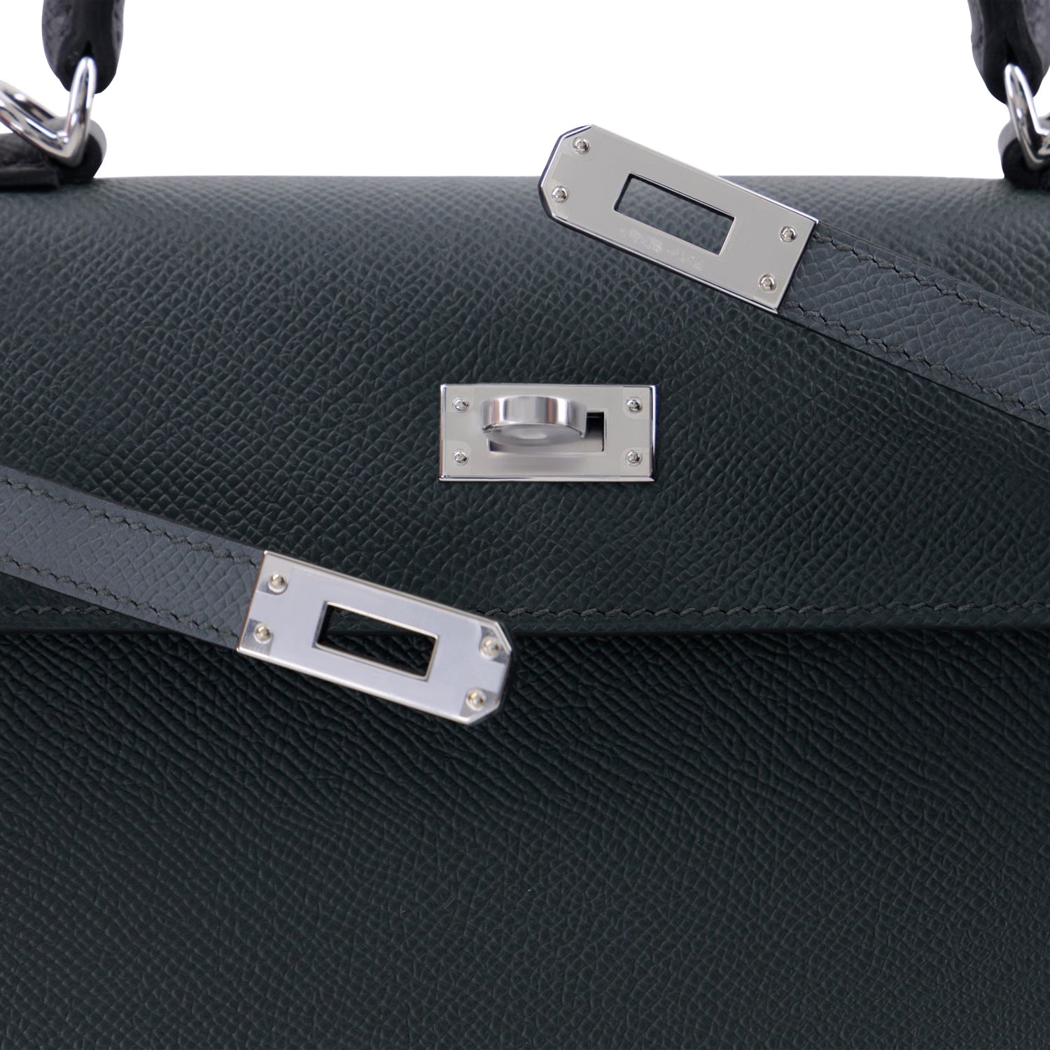 HERMES Kelly 25 Tricolore Vert Mangrove / Vert amande / Noir Cuir Epsom Finition Palladié