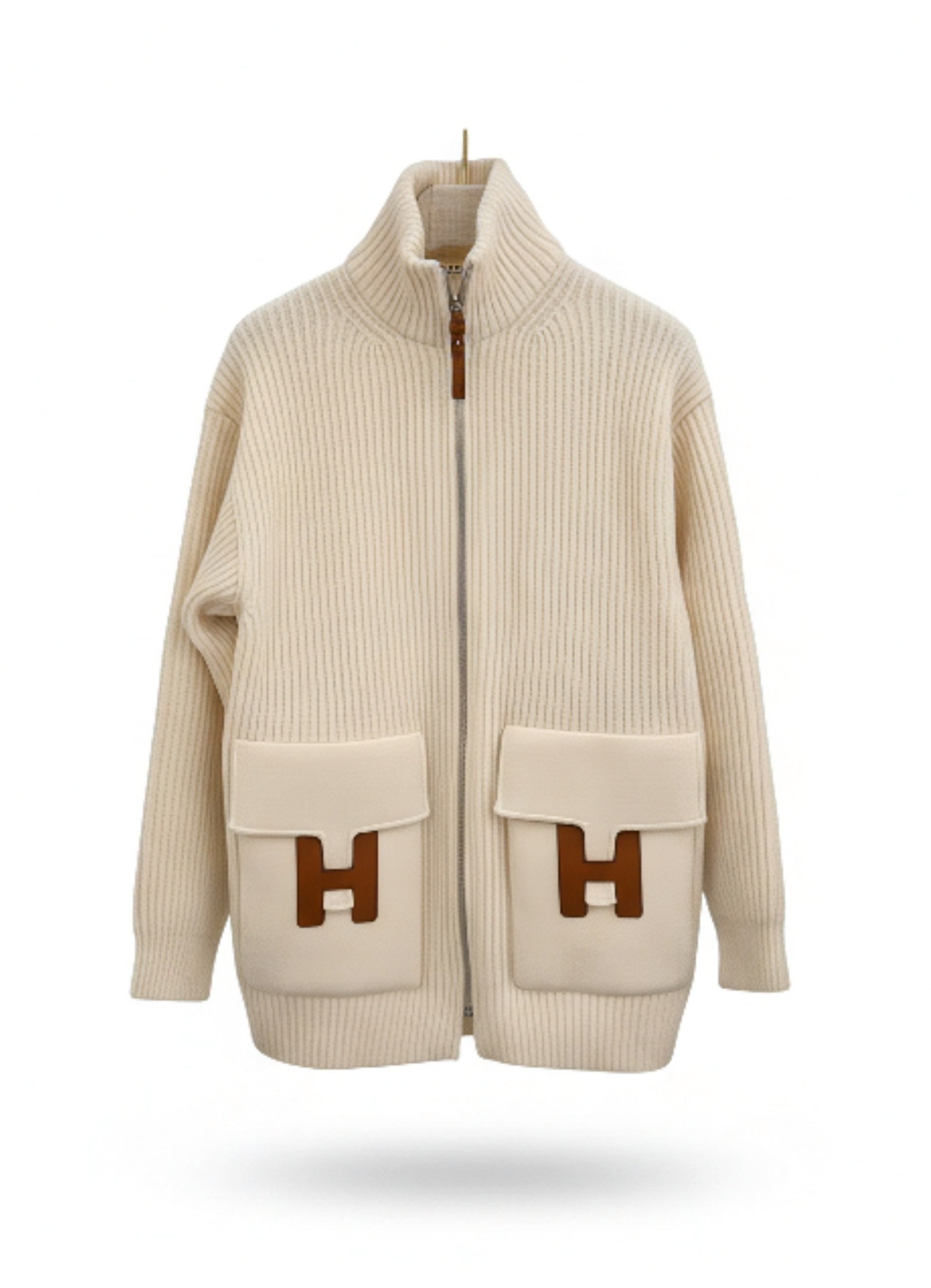 HERMES Cardigan en Laine Écru et Gold