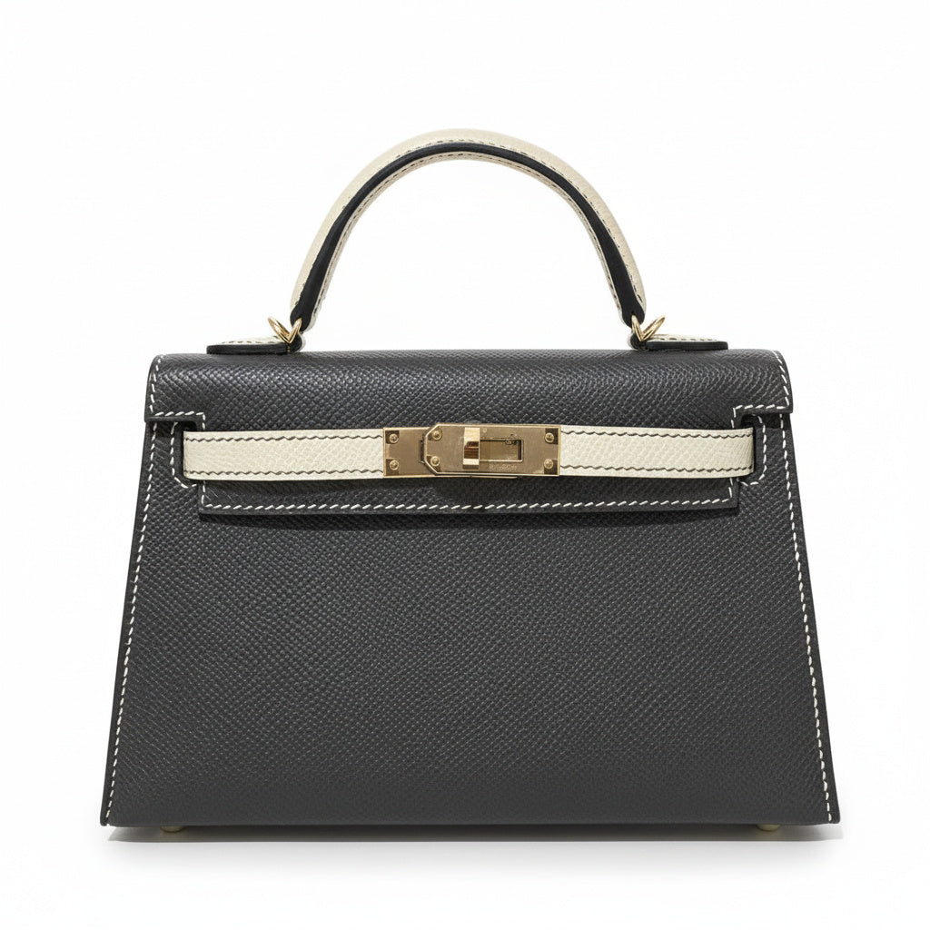 HERMES Kelly 20 HSS Craie / Gris Graphite Cuir Epsom Finition Permabrass