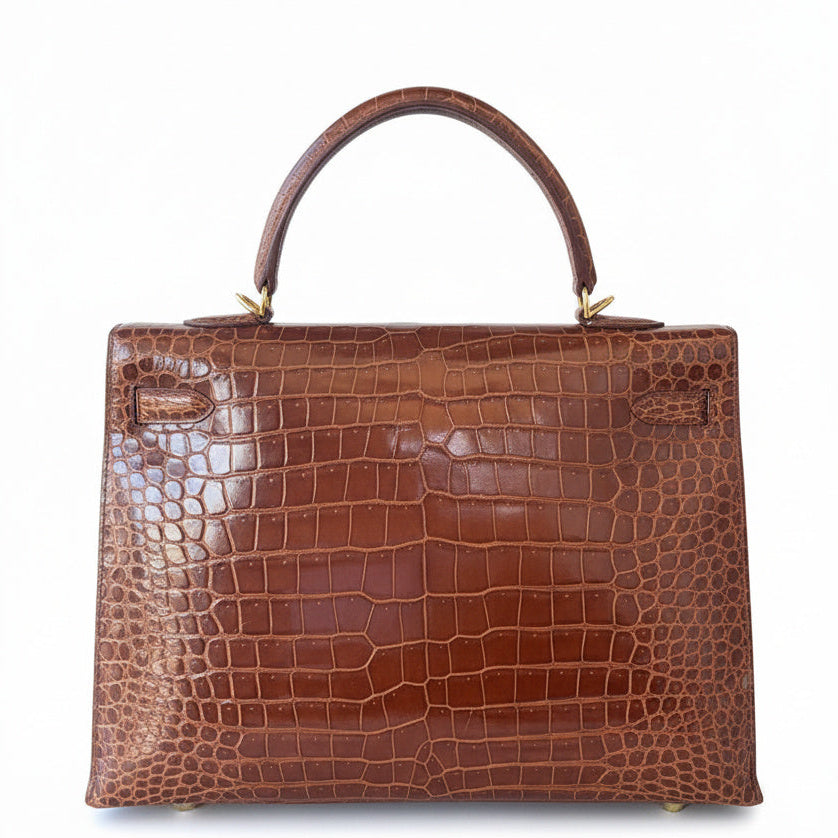 HERMES Kelly 35 Marron Crocodile Finition Or Jaune