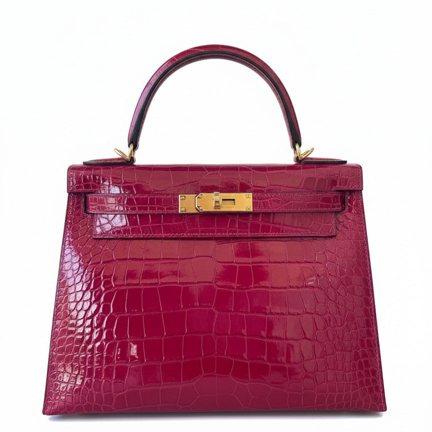 HERMES Kelly 28 Rose Pourpre Alligator Finition Or Jaune