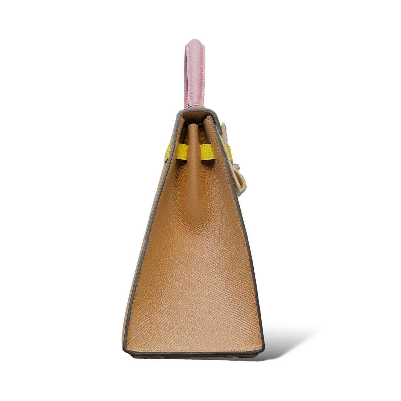 HERMES Kelly 25 Tricolor Chai / Lime / Mauve Sylvestre Cuir Epsom Finition Palladié