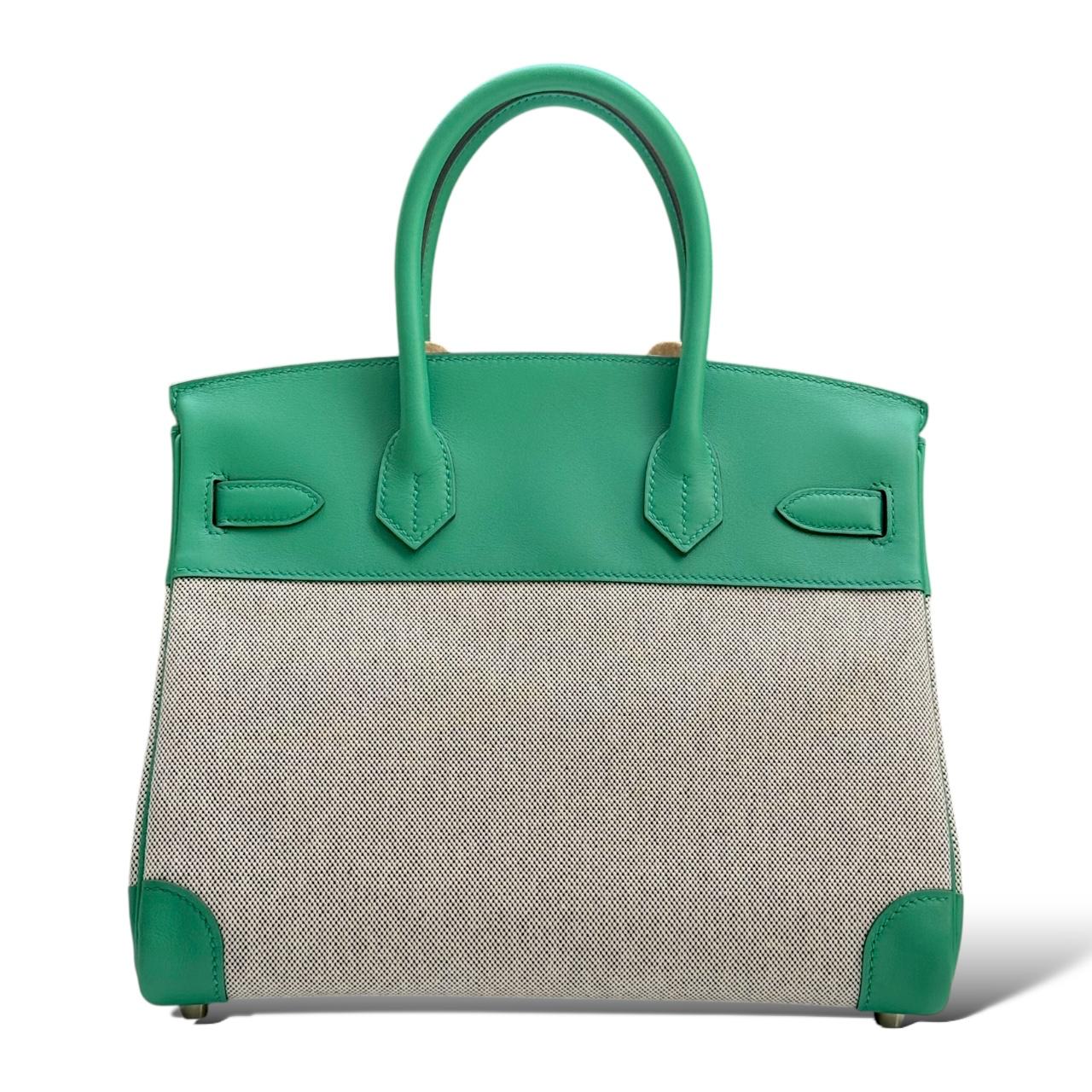 HERMES Birkin 30 Vert Vertigo/Ecru Toile H/Swift Finition Palladié