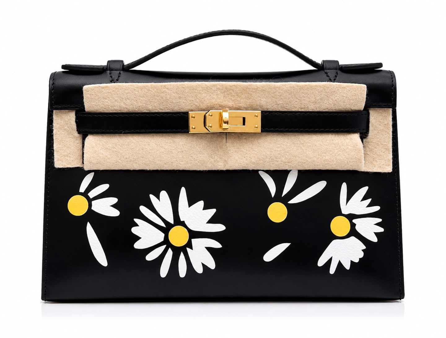 HERMÈS KELLY POCHETTE LUCKY DAISY NOIR BOX FINITION PALLADIÉ