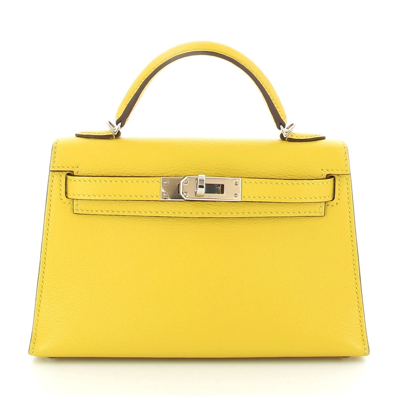 Hermès Mini Kelly 20 Jaune de Naples Verso Beton Chevre Finition Palladié