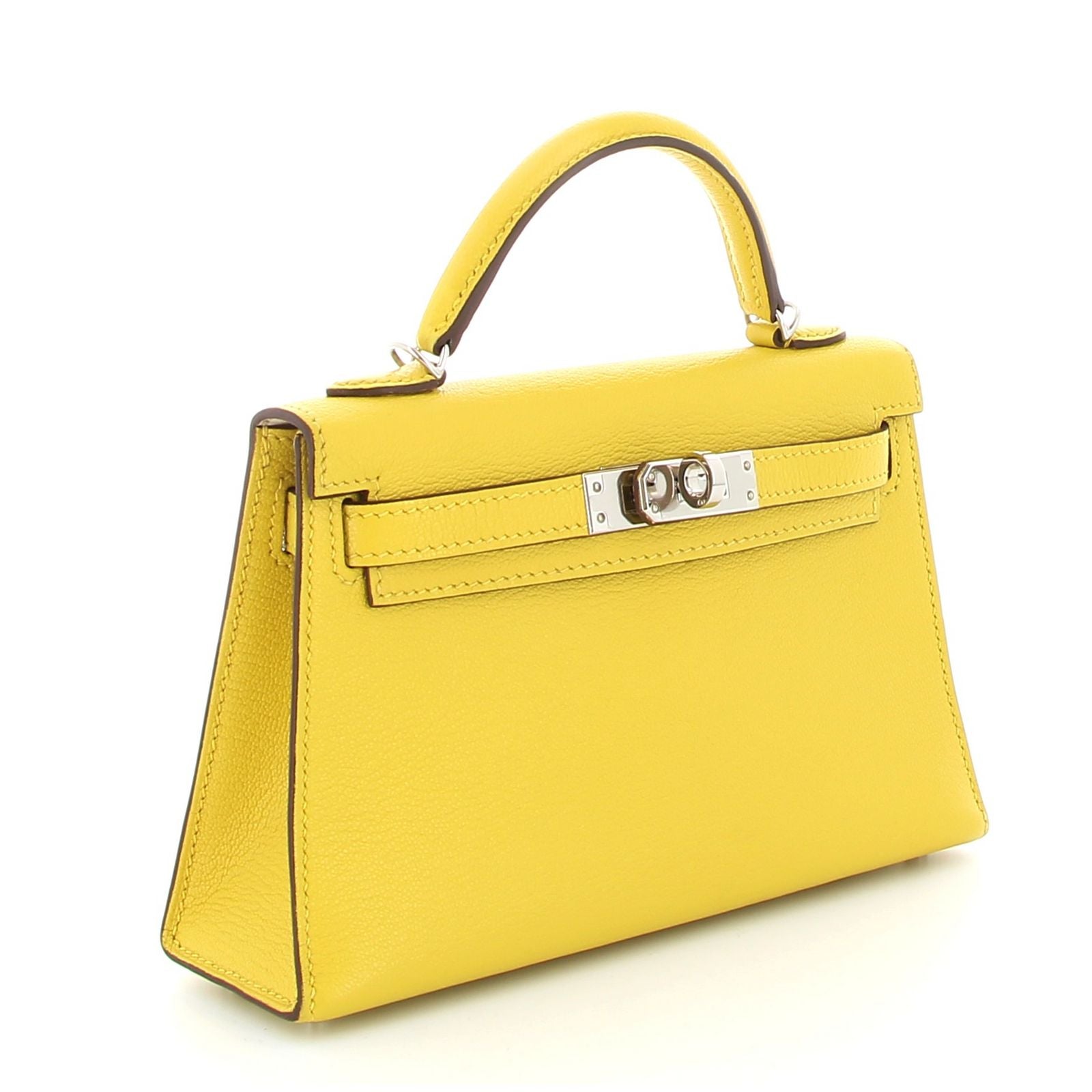 Hermès Mini Kelly 20 Jaune de Naples Verso Beton Chevre Finition Palladié