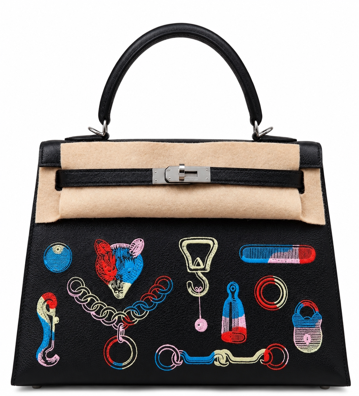 HERMÈS KELLY 25 SELLIER BRODERIE INVENTAIRE POÉTIQUE V2 NOIR MULTICOLORE CHÈVRE CHAMILA FINITION PALLADIÉE