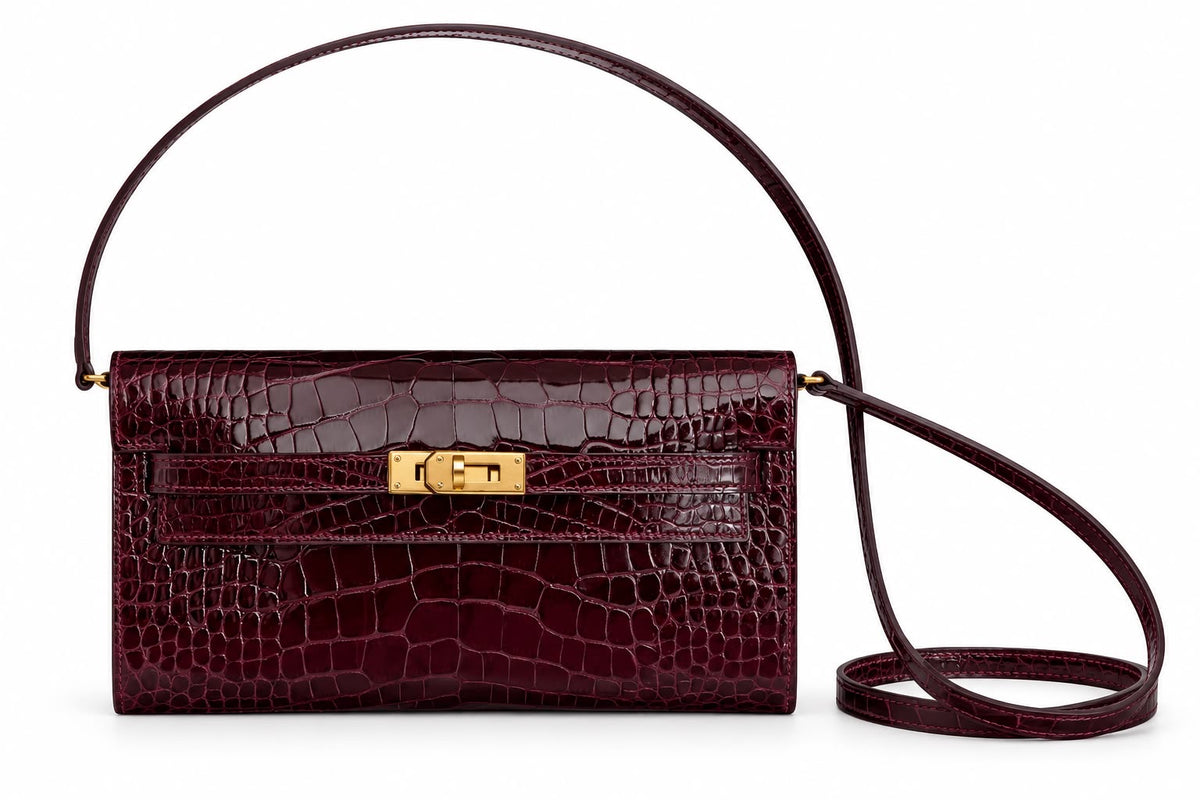 HERMÈS KELLY TO GO ALLIGATOR MISSISSIPPIENSIS LISSE BORDEAUX OR JAUNE